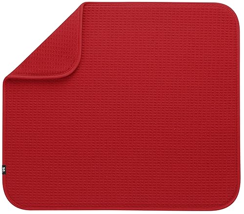 S&T Inc Dish Drying Mat For Kitchen, Absorbent, Reversible Microfiber Dish Mat, 16 Inch X 18 Inch, Red