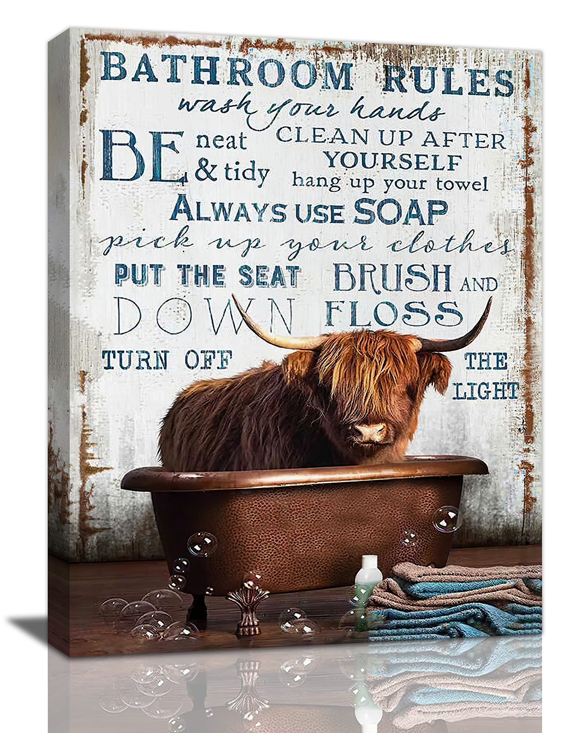 Citari Cow Wall Art Farmhouse Highland Cow Bathroom Rules Pictures Bathroom Signs Rustic Canvas Painting Funny Cow Framed Artwor