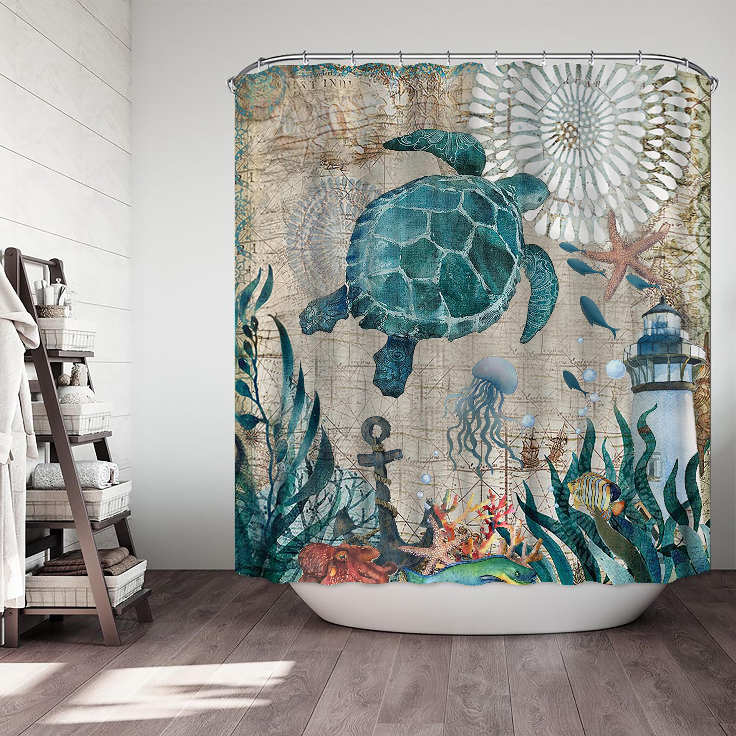 Planially 4Pcs Sea Turtle Shower Curtain Sets, Ocean Turtle Bathroom Sets With Shower Curtain And Rugs Durable Waterproof Curtai