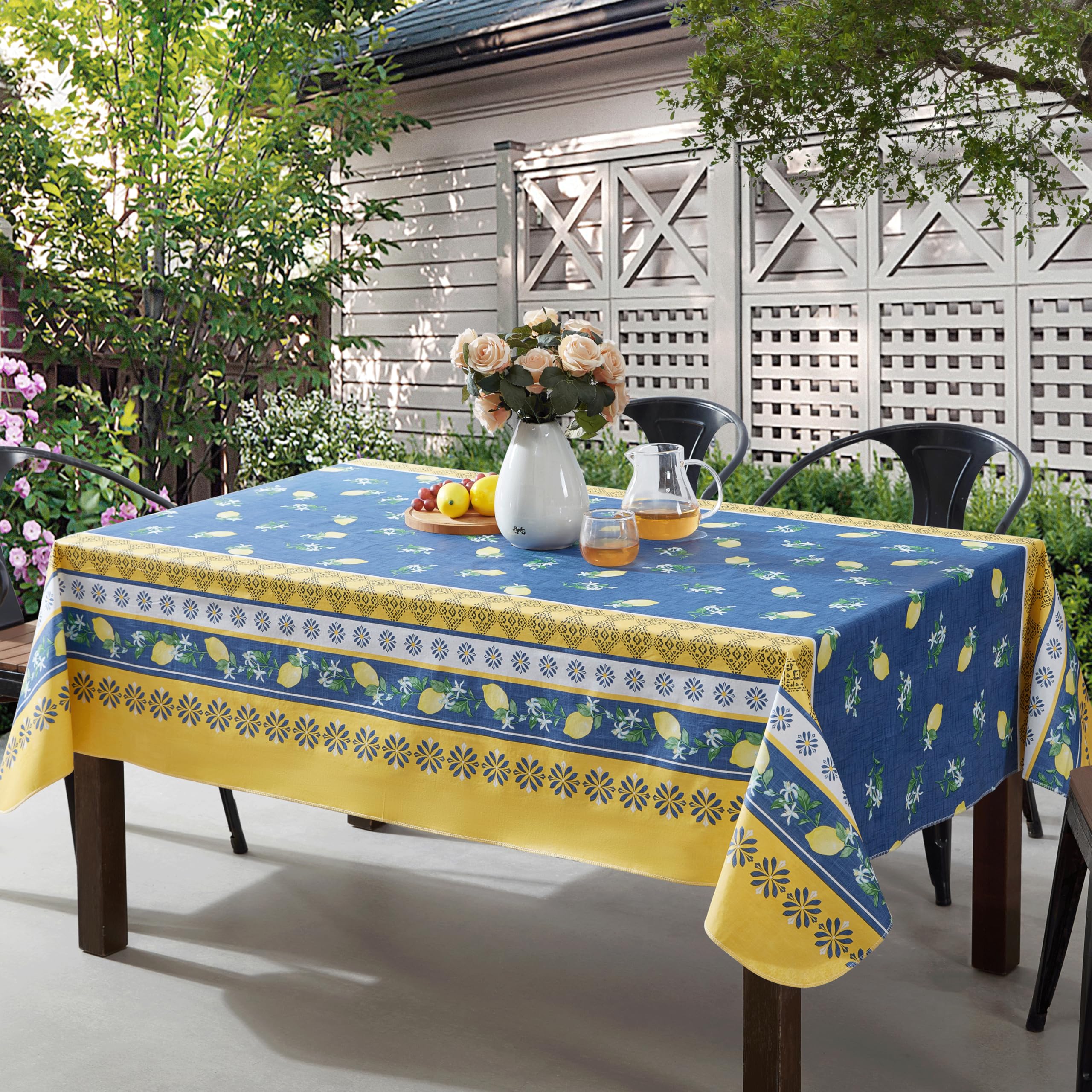 Home Bargains Plus Square Vinyl Tablecloth With Flannel Backing, 52 X 52 Inch, French Country Lemon Grove, Yellow And Blue Lemon