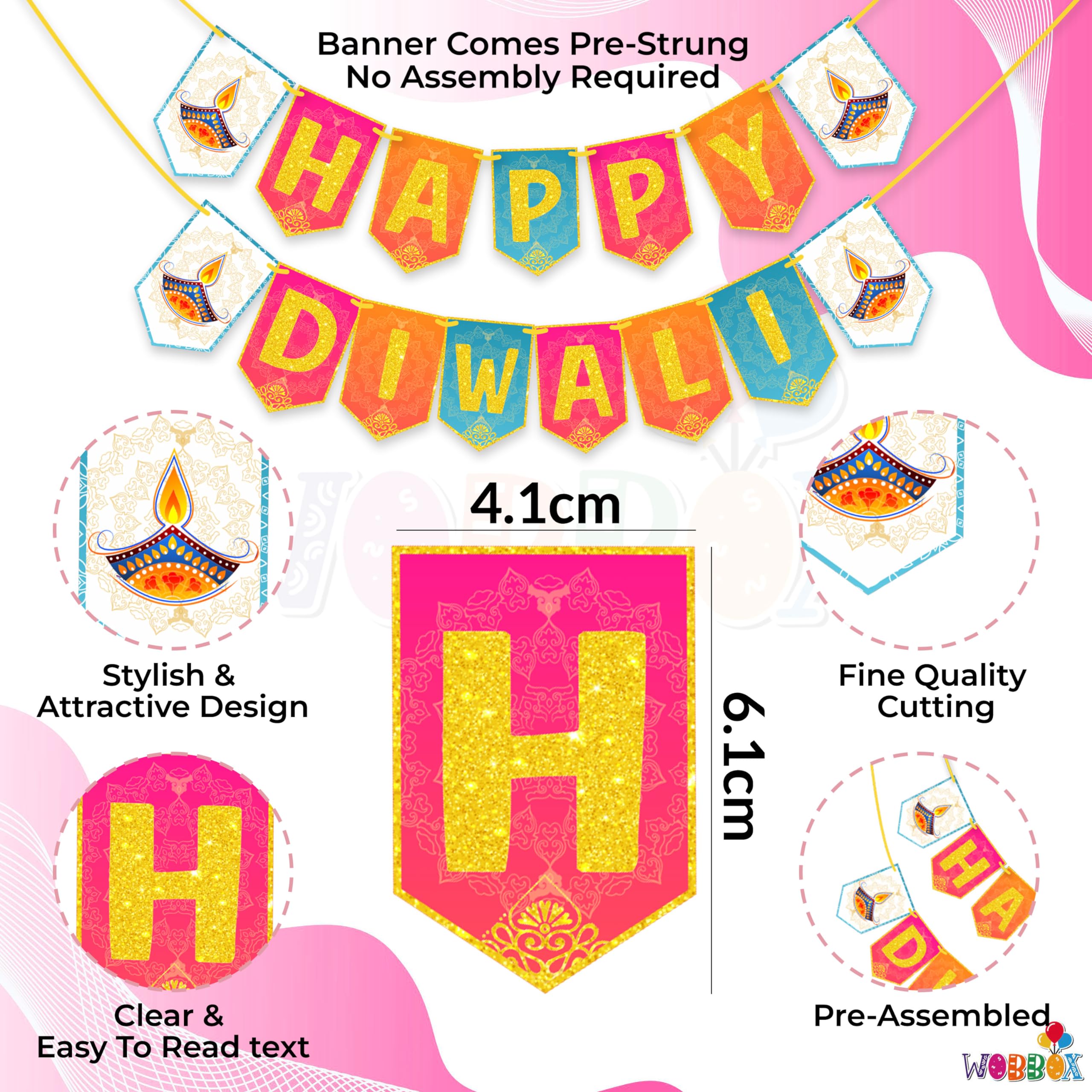 WOBBOX Diwali Decoration Bunting Banner, Happy Diwali Multi Color Background With Golden Gliter Font, Diwali Decoration Item, Di