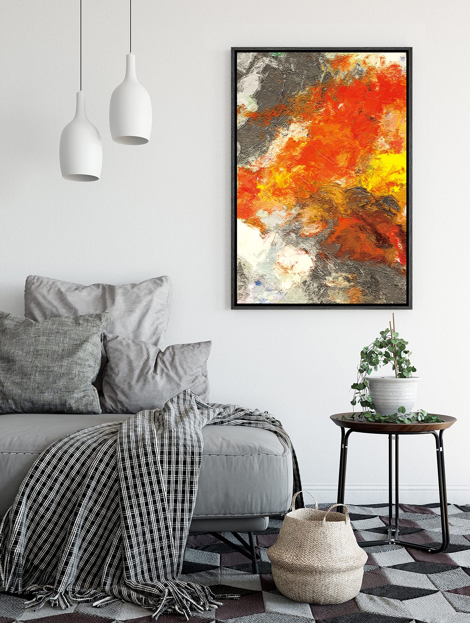Signford Framed Canvas Wall Art Red, Orange, Yellow, Gray And White Color Blocks Abstract Brushstroke Oil Painting Minimalism Mo