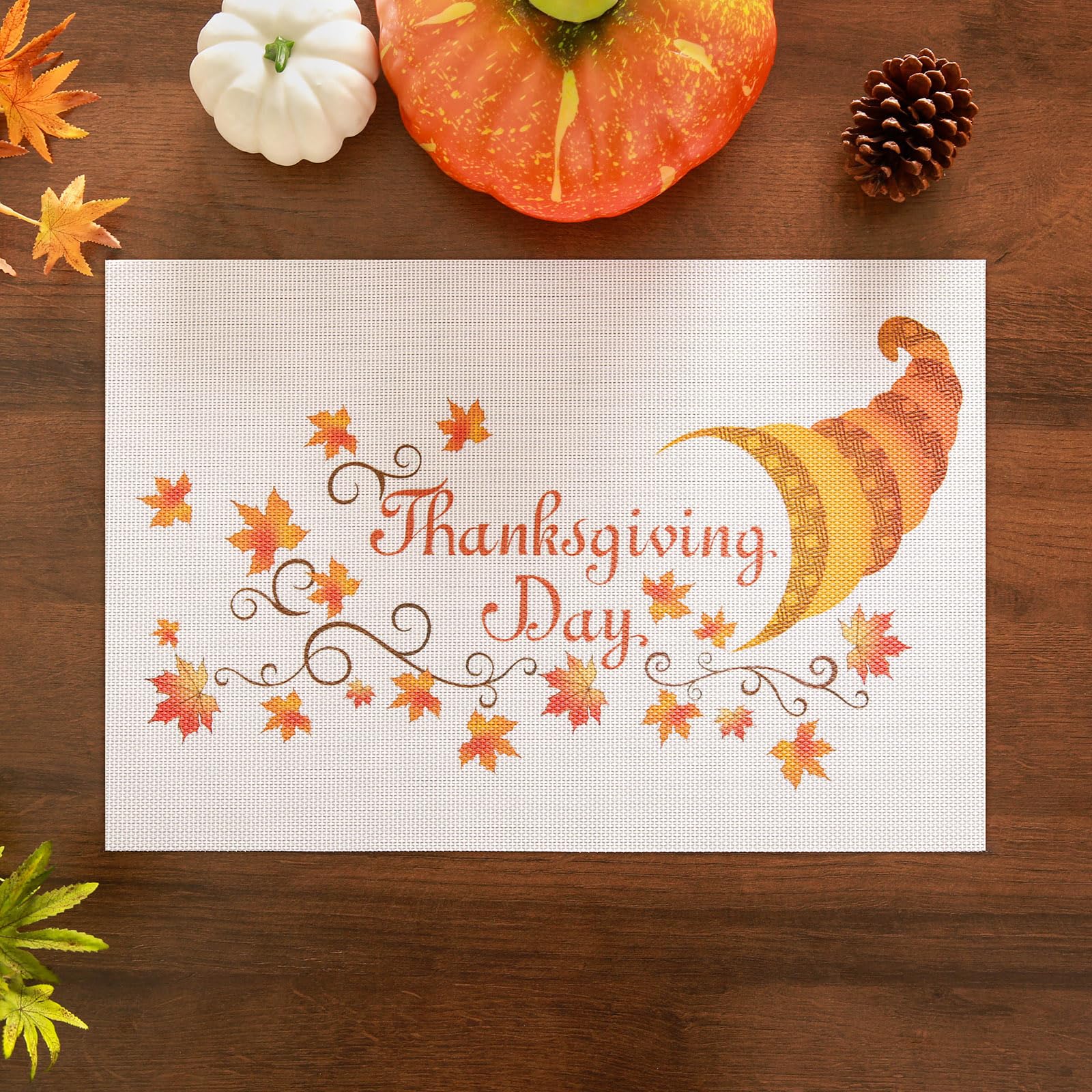 Banchif Thanksgiving Placemats Set of 6 Fall Place Mats Pumpkin Maple Leaves Table Mats Washable Non-Slip Heatproof Woven Placem