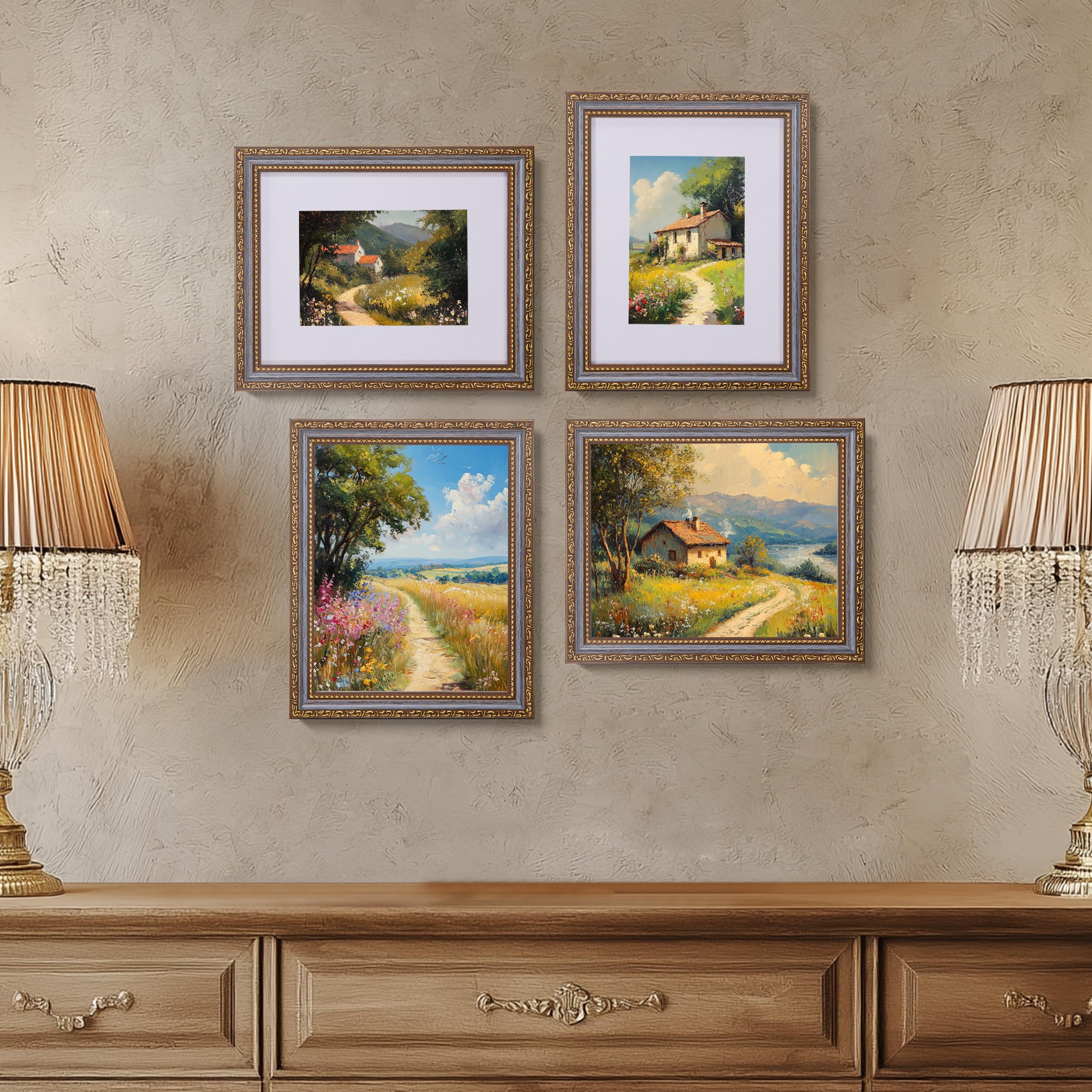 eletecpro 8x10 Picture Frames Set of 4, Vintage 8 x 10 Photo Frames with Glass, Display 5x7 Photo with Mat or 8x10 without Mat f