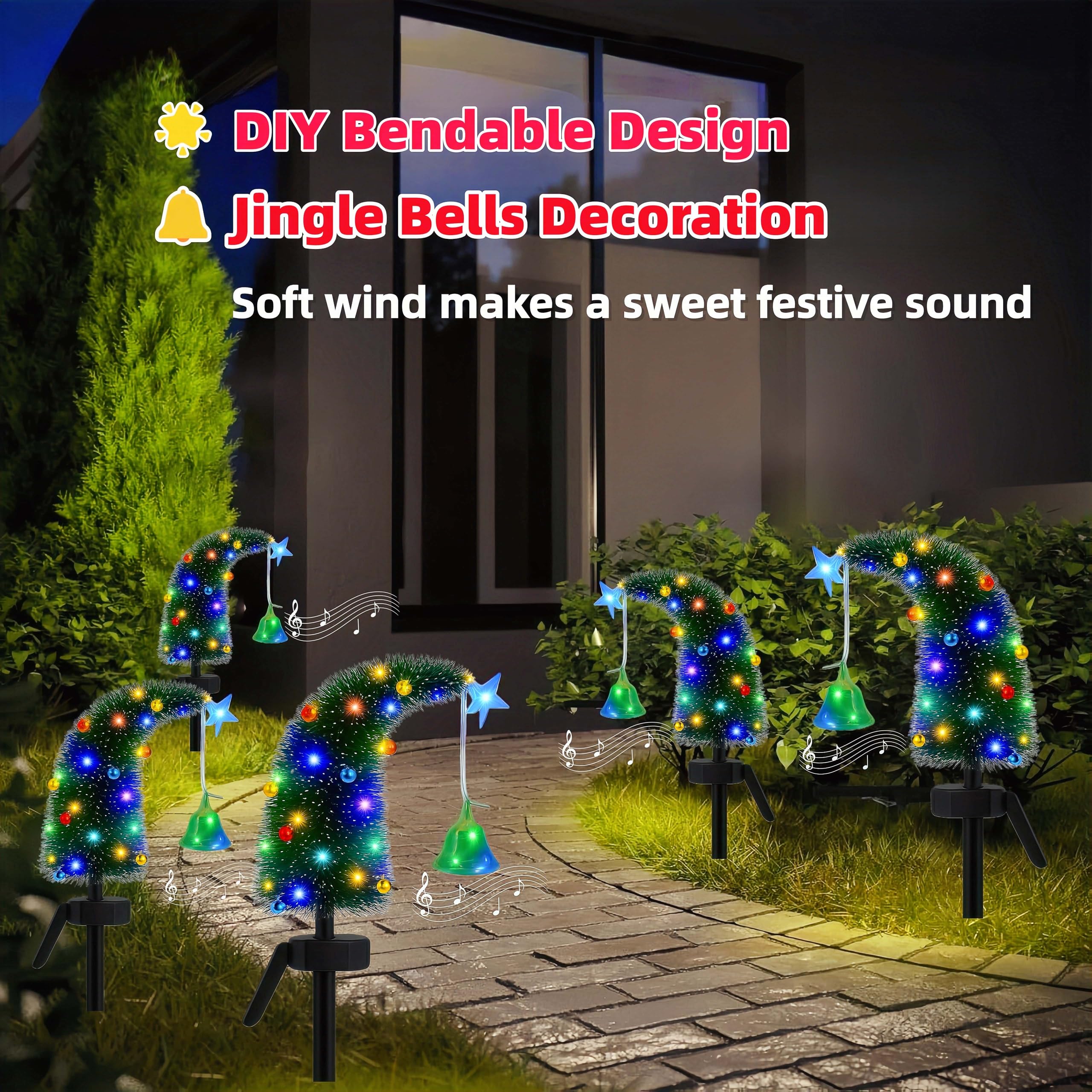 Solar Christmas Tree Outdoor Christmas Decorations, Solar Xmas Tree Lights with 24 Mini Bells & 1 DIY Big Bell,Waterproof Solar