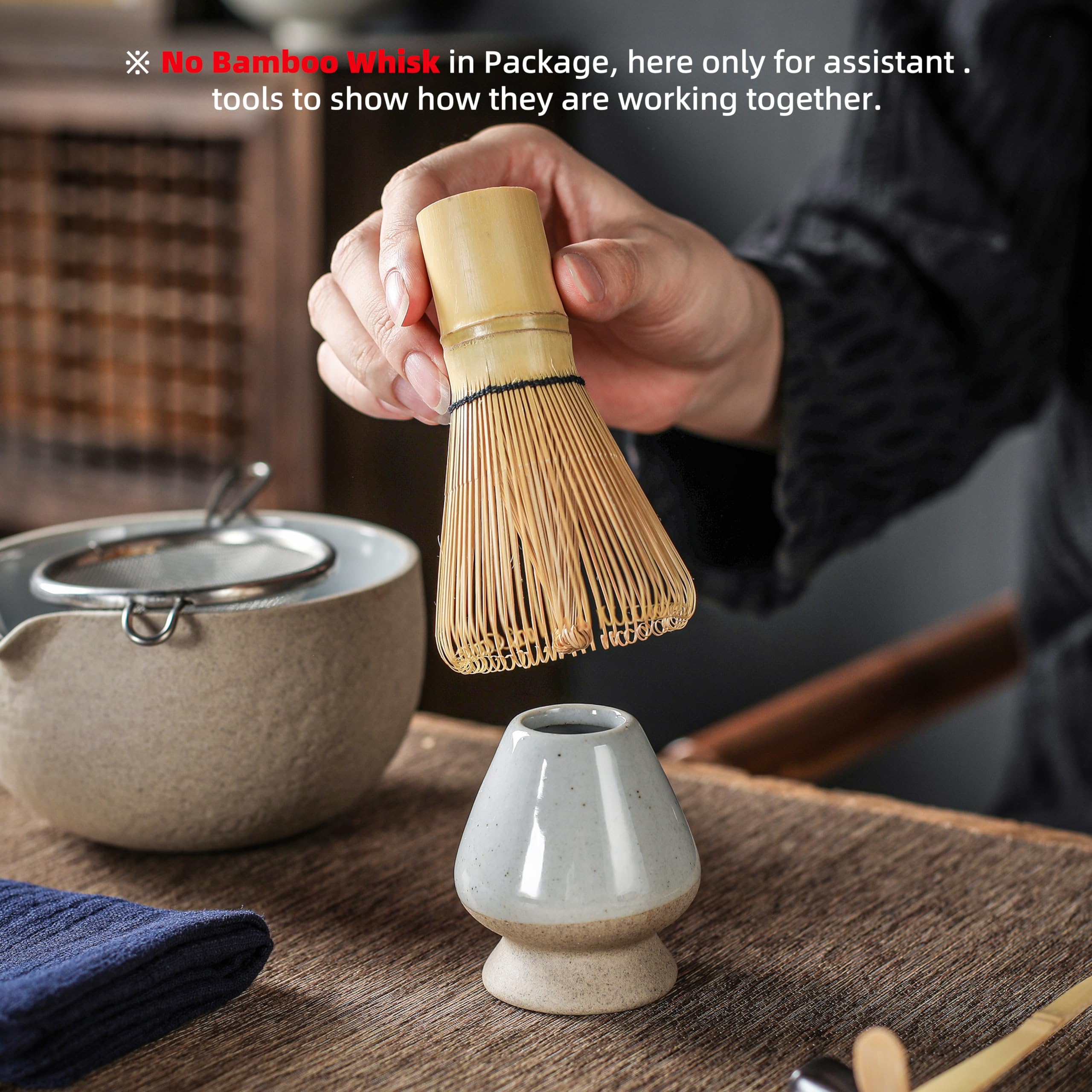 Teanagoo Japanese Natural Rock Texture Matcha Bowl (Pouring Spout) With Whisk Holder, 18 Oz, K12, Dk.Grey, Chawan Matcha Tea Bow