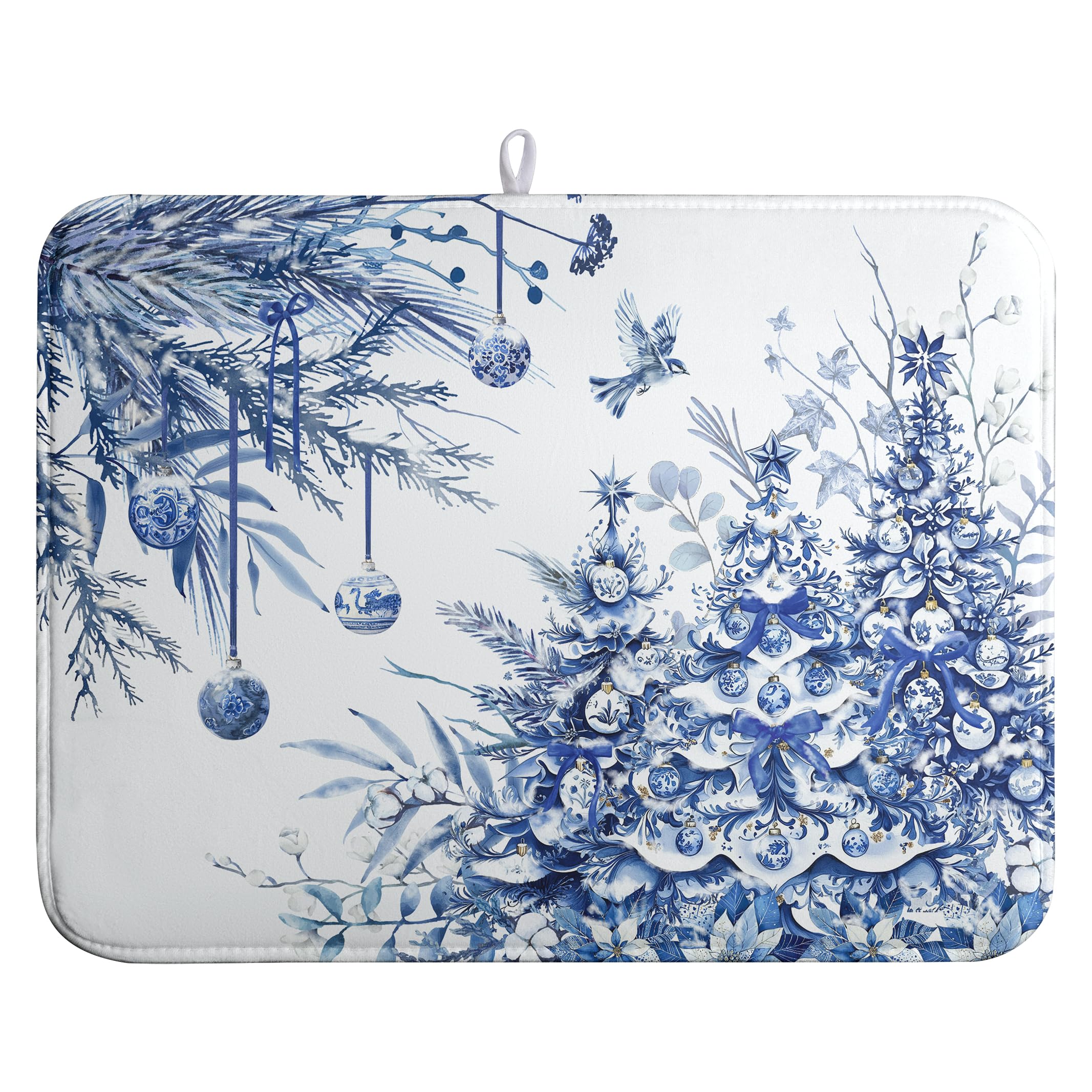 Wnoesat Christmas Tree Dish Drying Mat for Kitchen Counter 18x24 Inch Blue White Chinoiserie Winter Xmas Holiday Drying Mats Mic