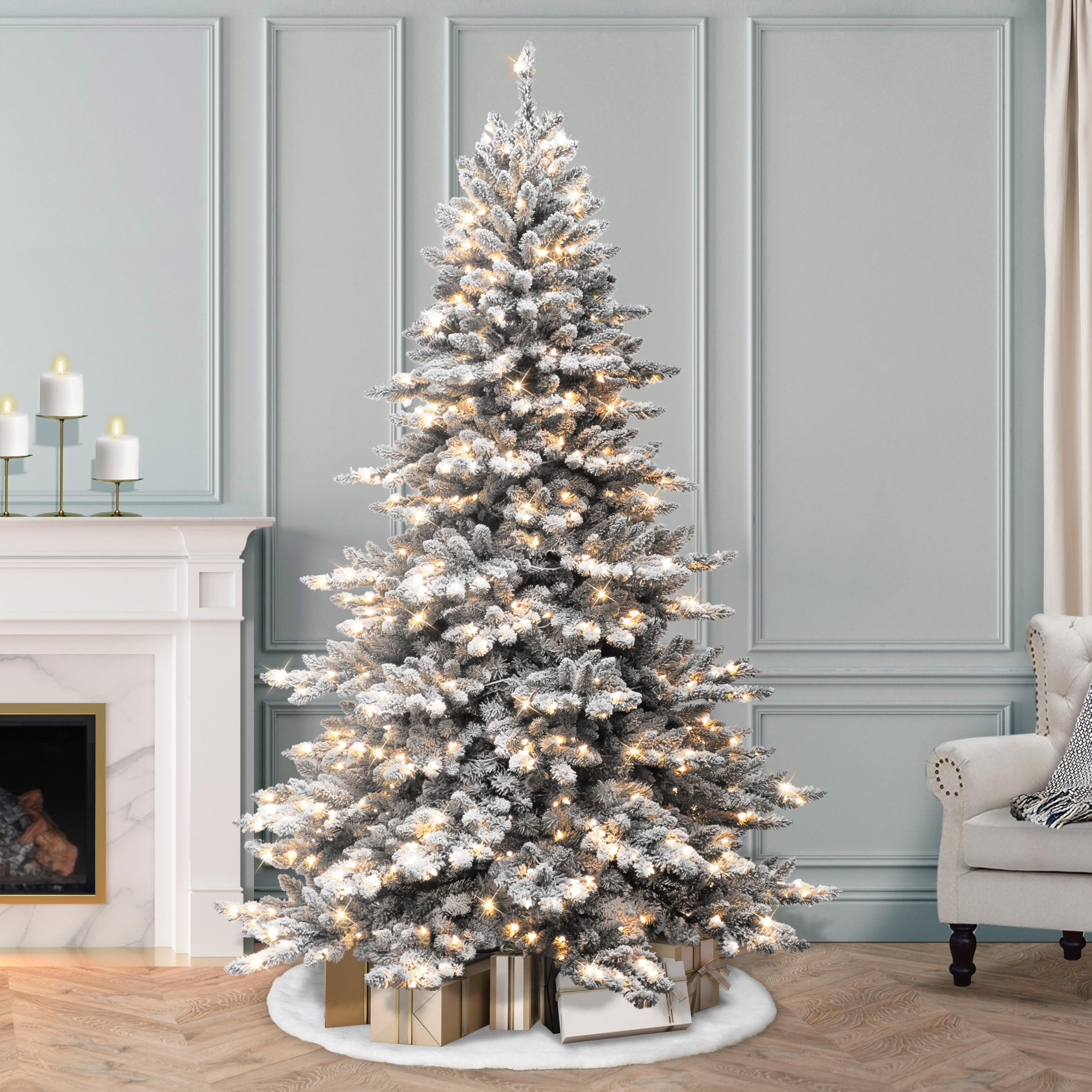 Puleo International 7.5' Royal Majestic Spruce Green Tree Flocked with 700 UL-Listed Clear PRE-Attached Lights