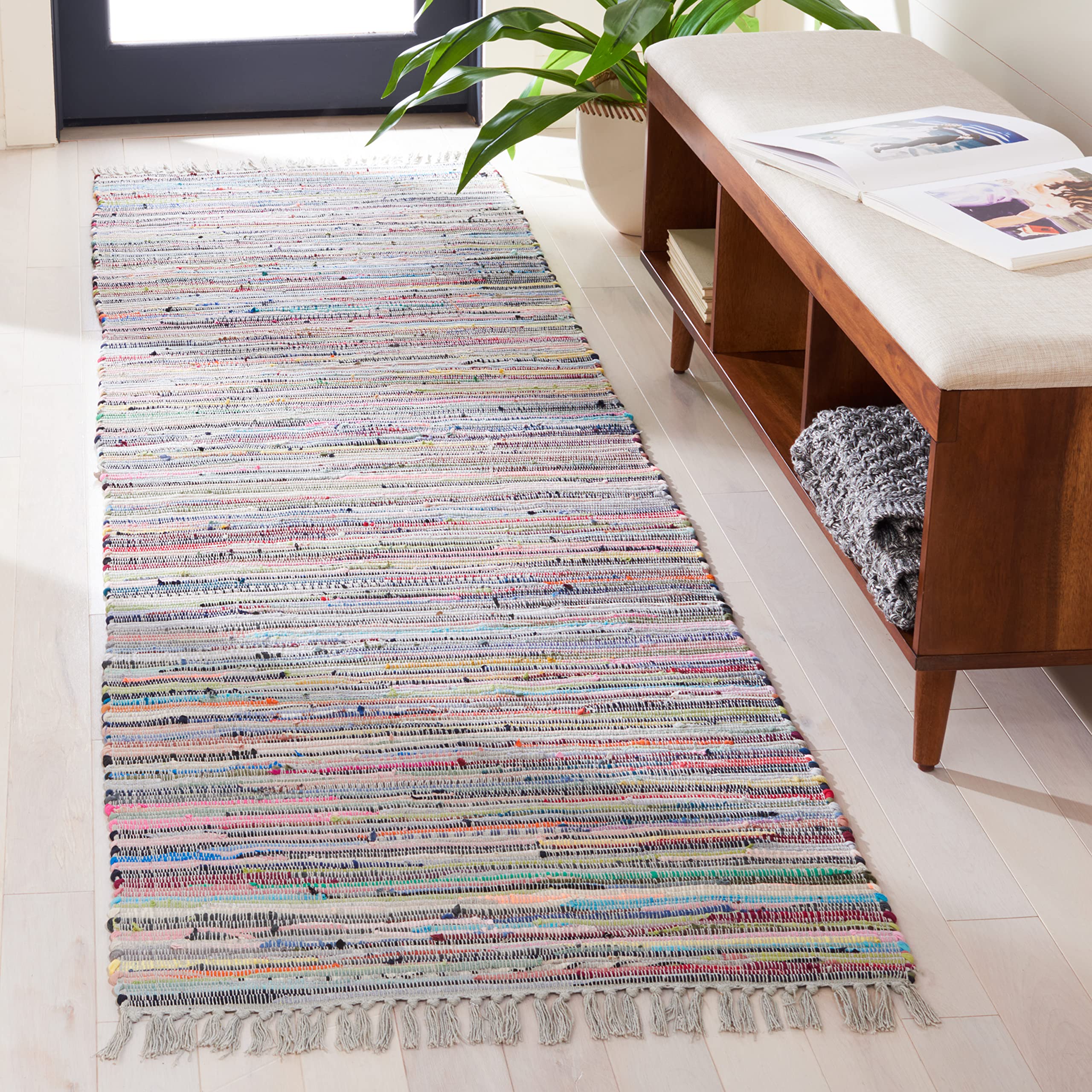 SAFAVIEH Rag Rug Collection Runner Rug - 23 x 8, Grey & Multi, Handmade Boho Stripe Cotton, Ideal for High Traffic Areas in Li