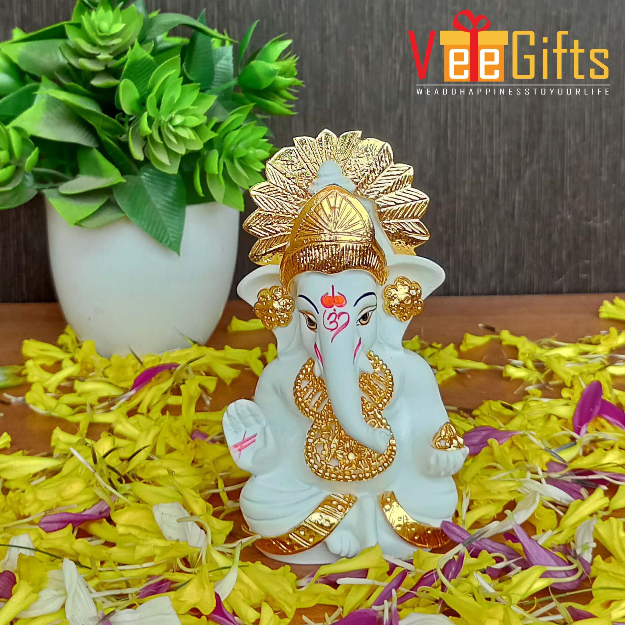 24K Gold Plated Jewellery White Lord Ganesha In Gold Crown, | Idol For Car Dashboard | Decorative Showpiece For Gifting | Ganesh