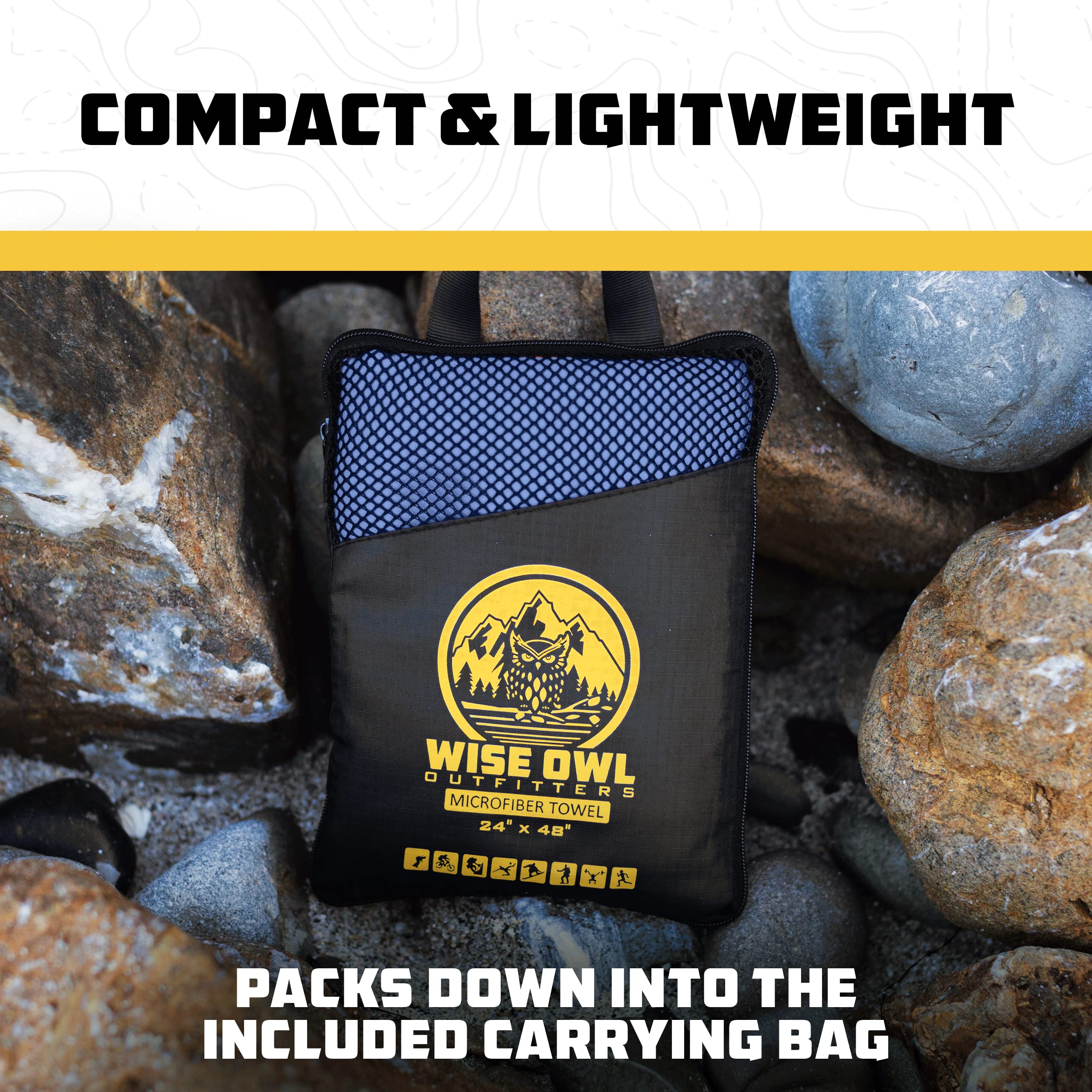 Wise Owl Outfitters Microfiber Camping Towel - Ultra Soft, Quick Dry, Large 24x48, Marine Blue, Includes Free Hand Towel 12x12