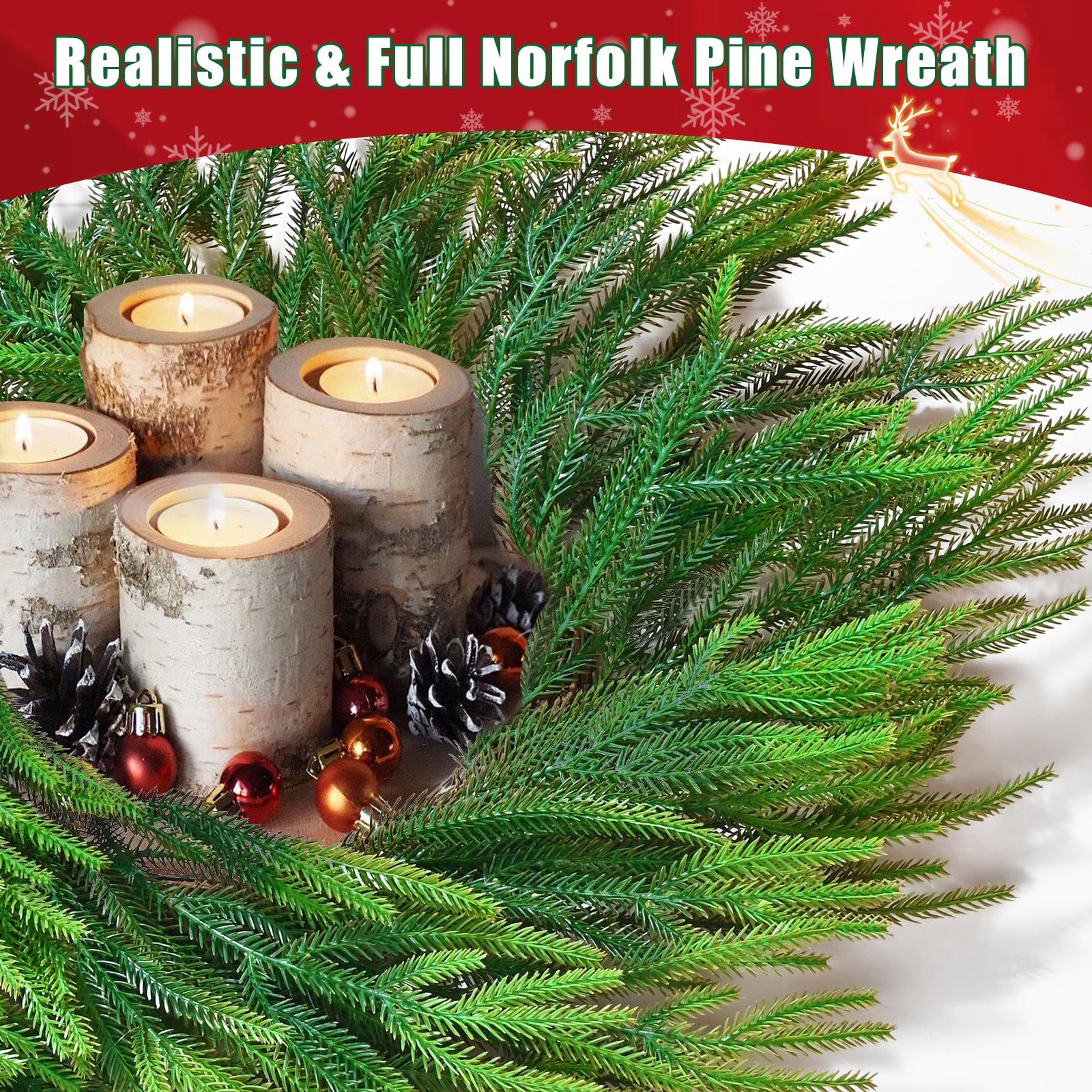 Christmas Wreaths for Front Door - 2 Pack 24 Inch Christmas Wreath with Lights, Real Touch Norfolk Pine Wreath with Cow Bell and