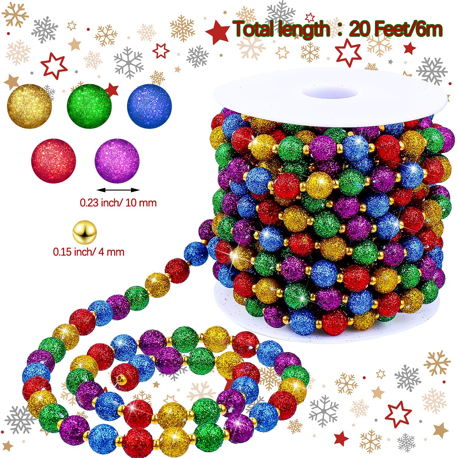WILLBOND 20 Feet Christmas Multi-Color Beaded Garland Glitter Colorful Tree Beads Garland Ribbon Faux Pearl for Christmas Tree H