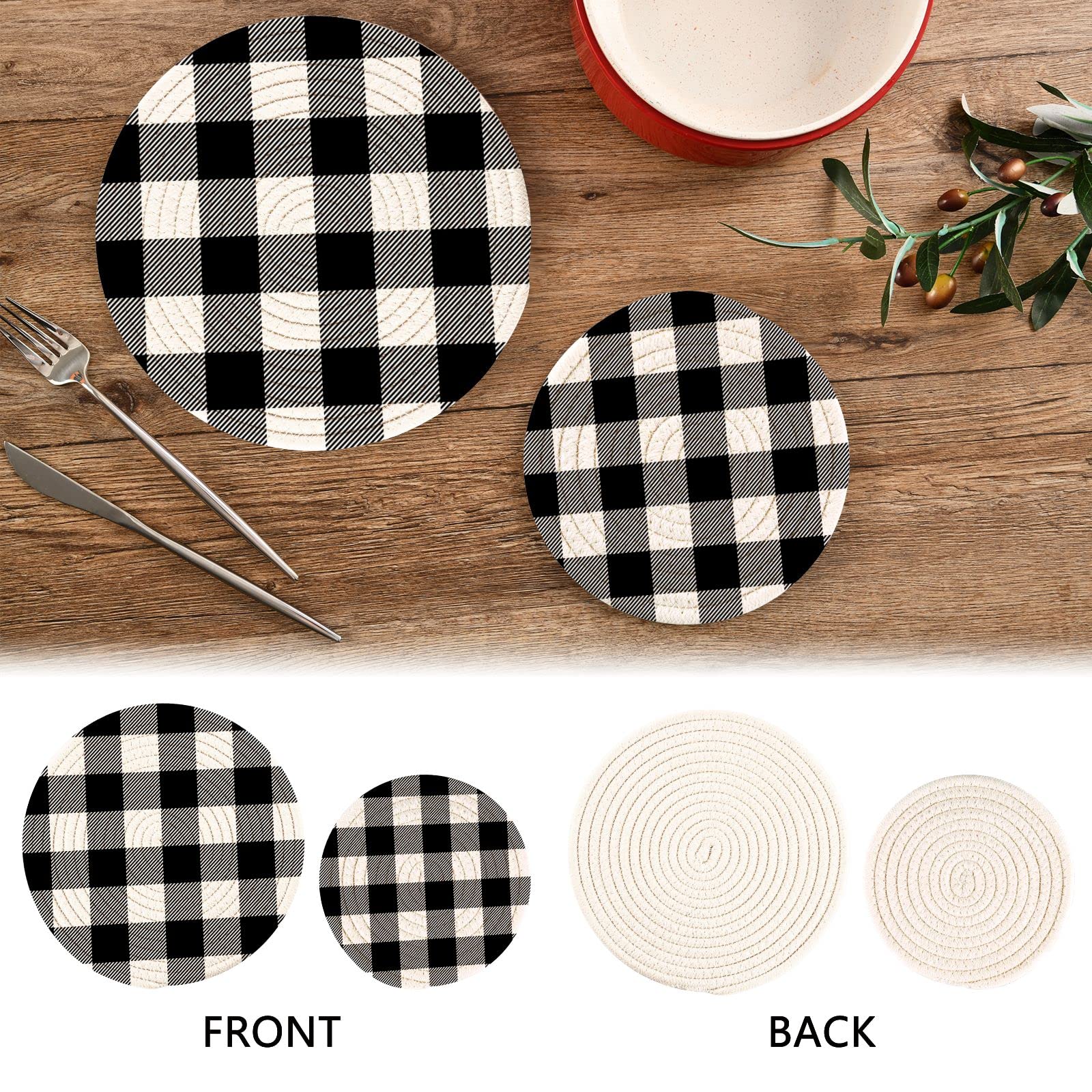 Kigai White Black Buffalo Plaid (4) Pot Holders Trivets Set 2 Pcs,Round 100% Cotton Braided Hot Pads For Hot Dishes Hot Pots And