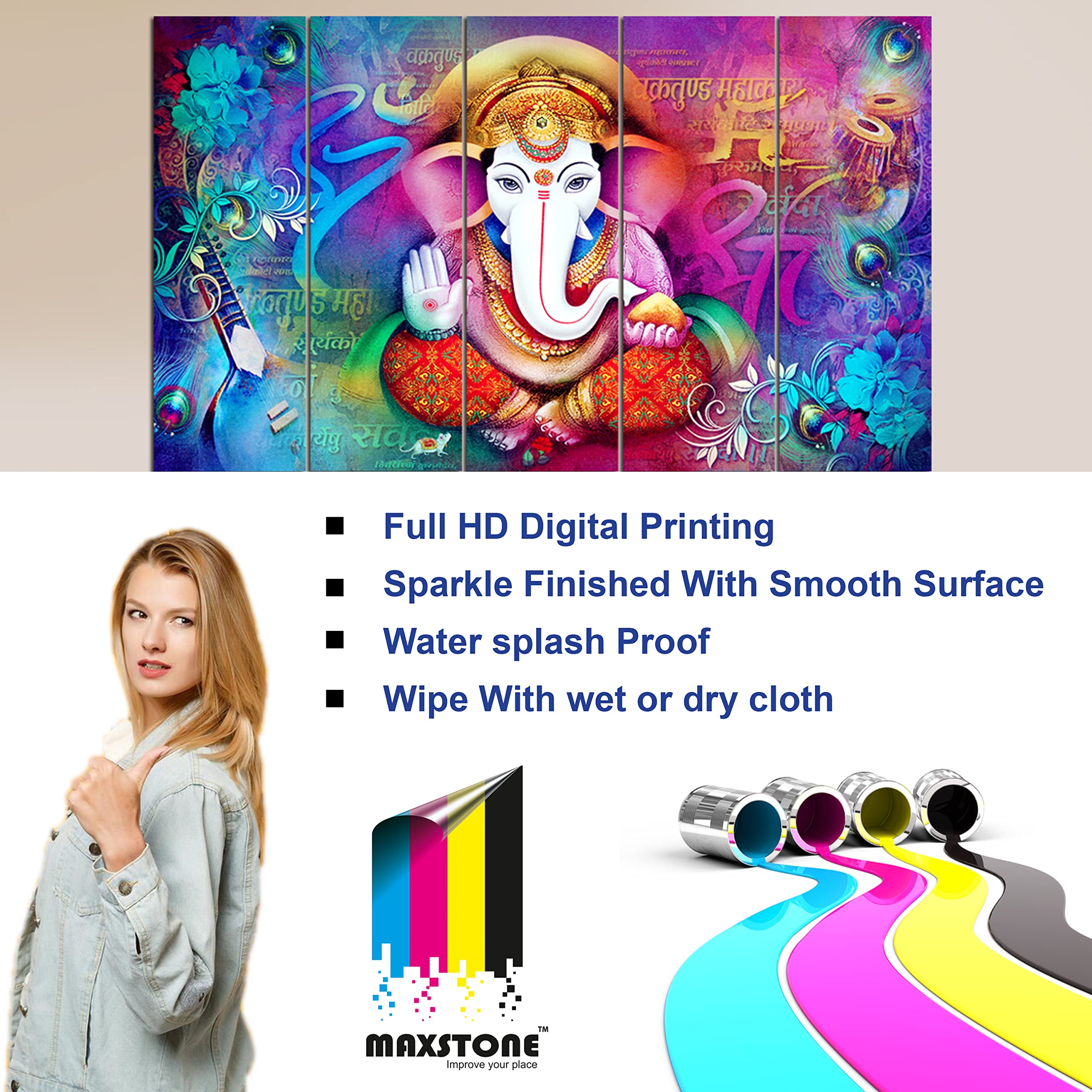 Maxstone Ganpati Big Size Wall Painting for Living Room, Bedroom, Home, Office, Drawing Room, Hotels Decor Wooden Framed Wall Ha