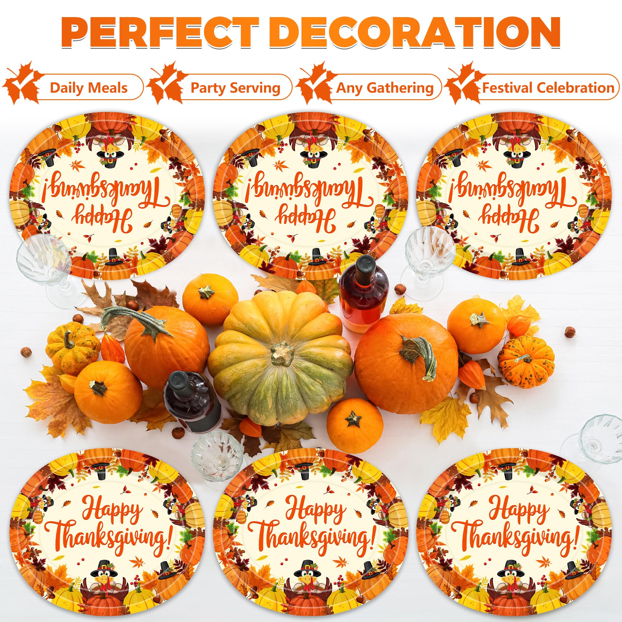 QZYL 50 Pcs Oval Thanksgiving Plates, 12.2 x 10.2 Inches Pumpkin Turkey Tableware Set, Disposable Plates Autumn Dinnerware, Fall