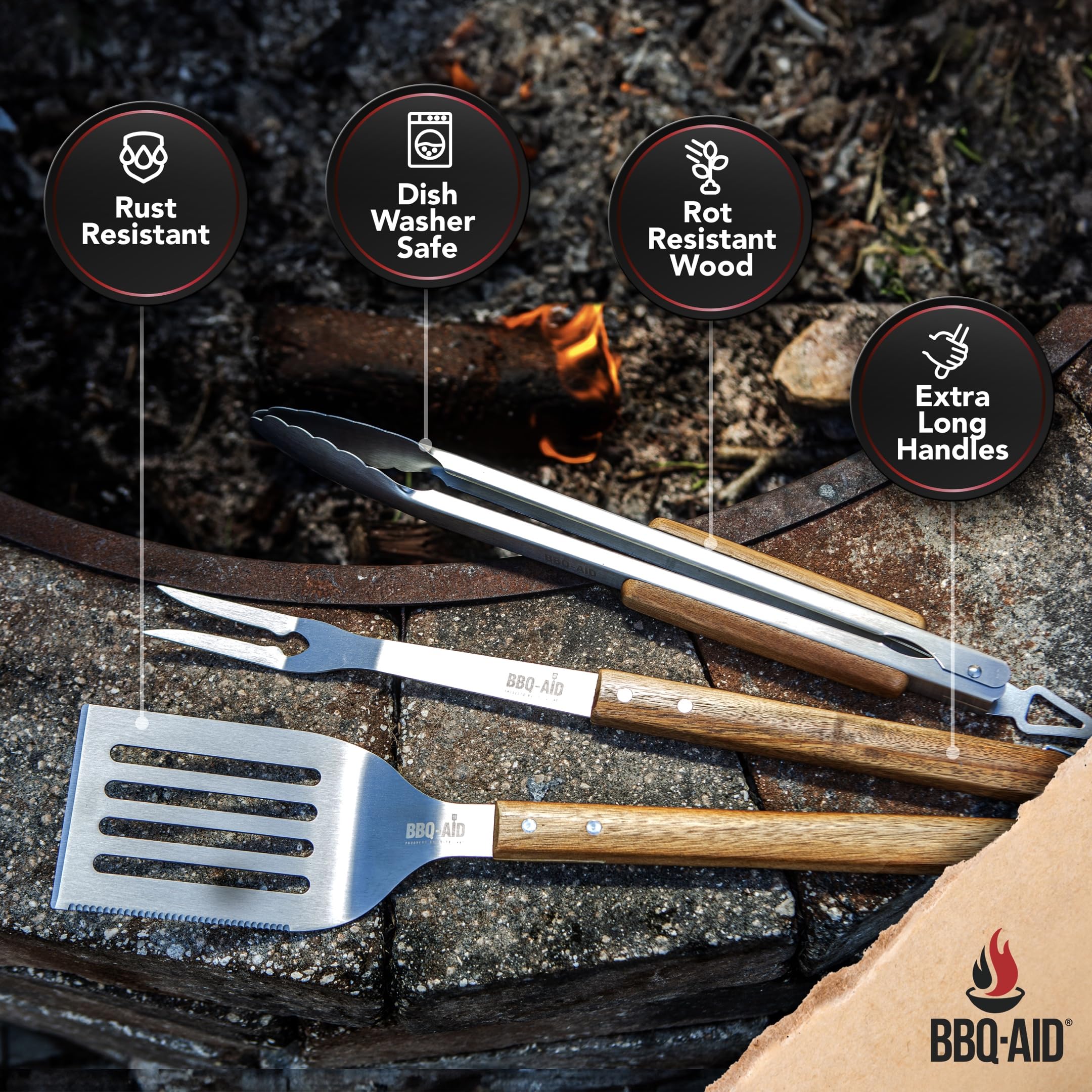 Bbq-Aid 3 Piece Grill Set Bbq Accessories - Kitchen Tongs, Metal Spatula & Fork Utensils - Heavy Duty Stainless Steel Barbecue G