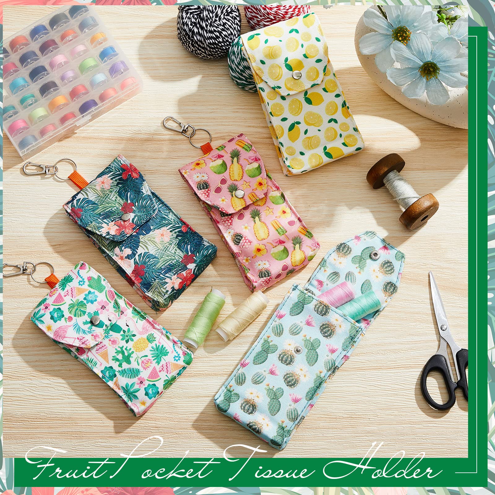 Sherr 5 Pieces Tissues Purse Pocket Tissue Holder Reusable Travel Tissue Pouch Fabric Zipper Enclosed Small Size Fruits Pattern Tissue Holder for Purse Coins for Summer  5.5 x 3 Inches (Fresh Style)
