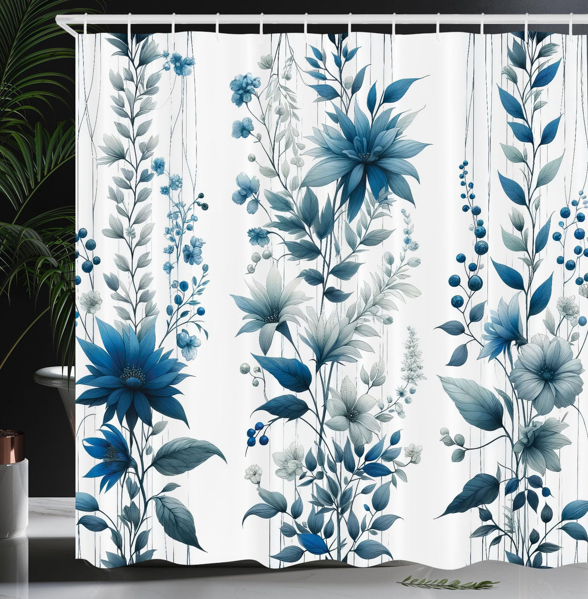 Ambesonne Blue Shower Curtain, Flowers Berry Branches And Leaves As Vertical Lines Cold Colored Garden, Cloth Fabric Bathroom De