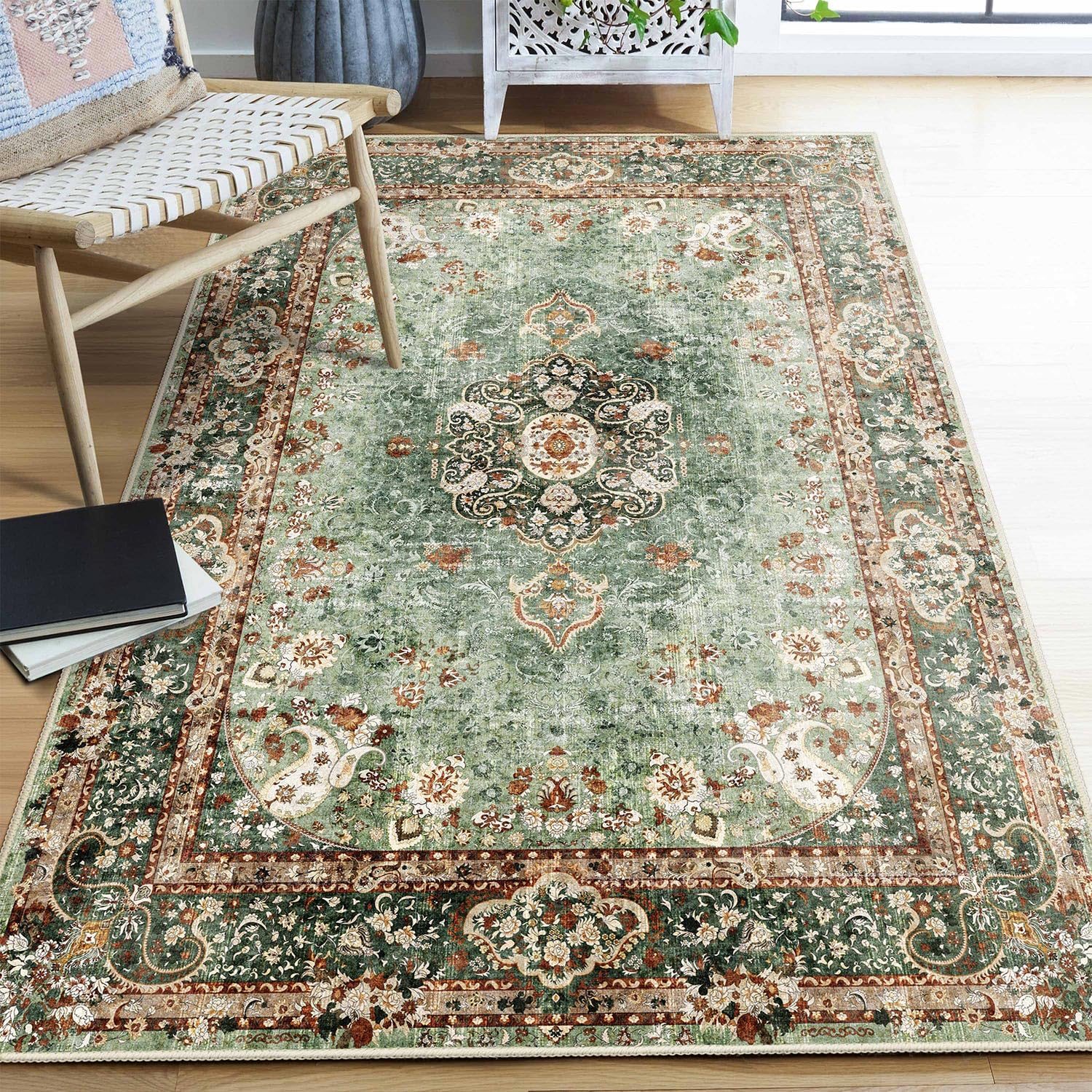 Castage Green Rug 4x6.5,Washable Area Rugs for Bedroom Living Room Kitchen Entryway,Small Boho Vintage Bohemian Distressed Ori