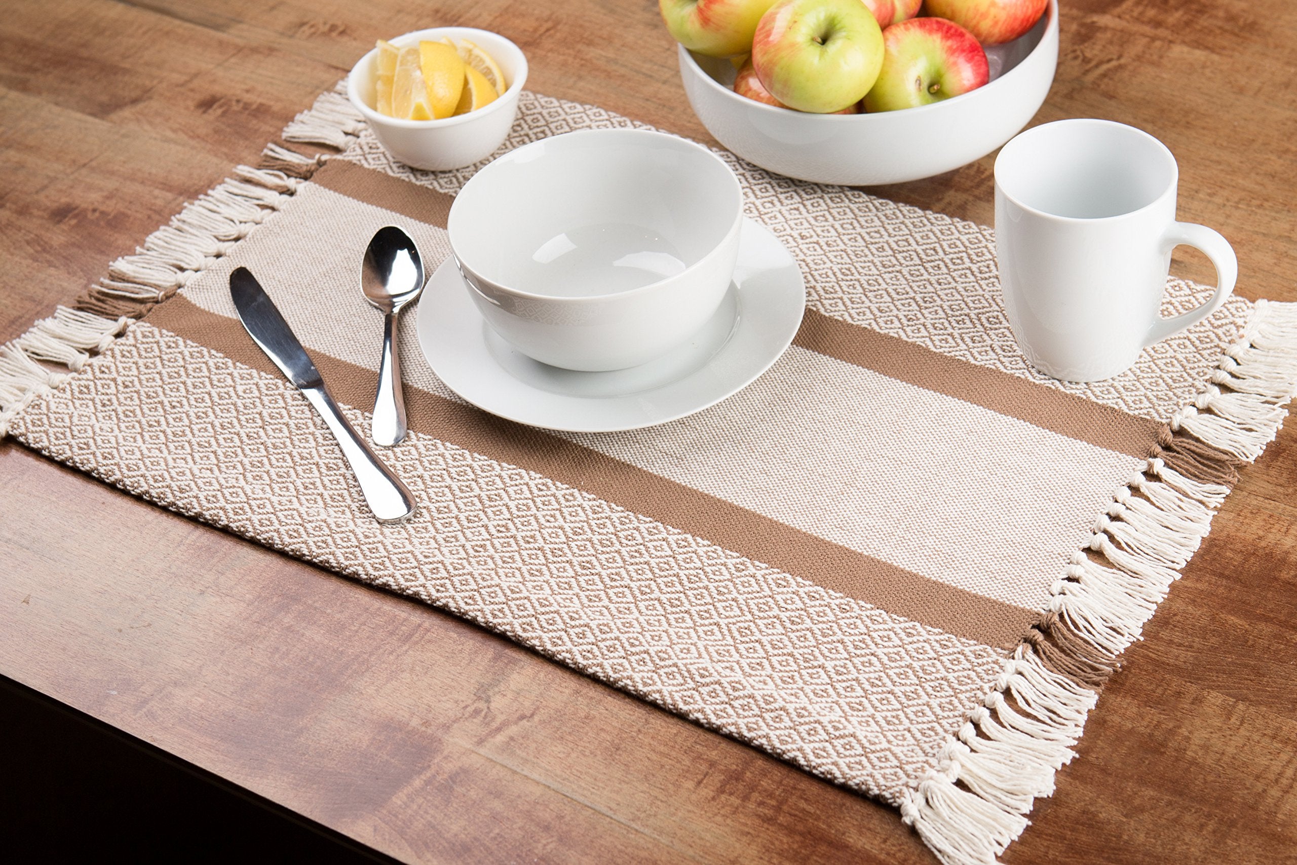 Placemats Set Of 4, Woven Cloth Placemat Set, 14X19 In, Tan Boho Place Mats For Kitchen Or Dining Table, Washable Cotton Table M