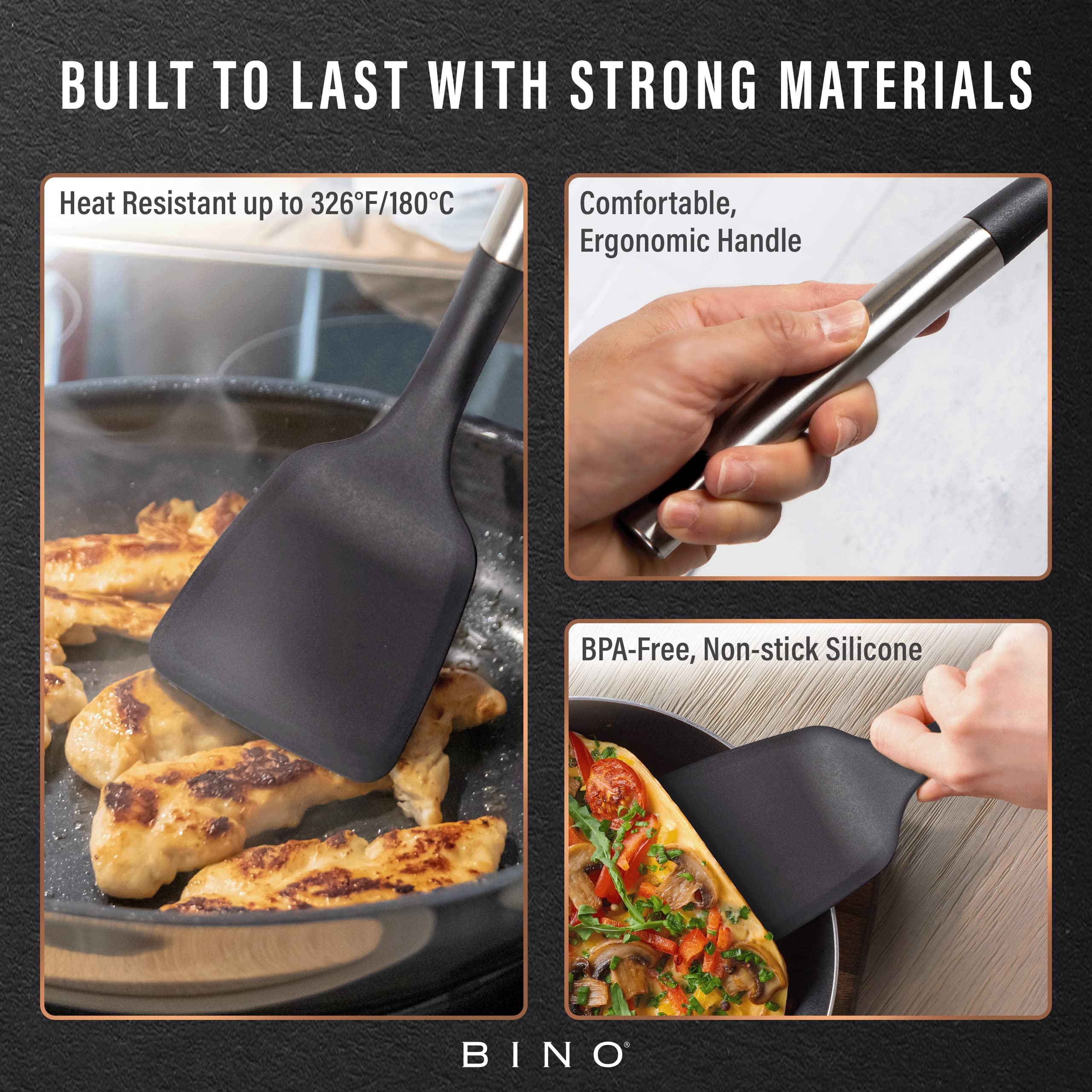 Bino 2-Piece Spoon & Turner Set With Stainless Steel Handles - Black | Heat Resistant Bpa-Free Nonstick Cookware | Cooking Mixin