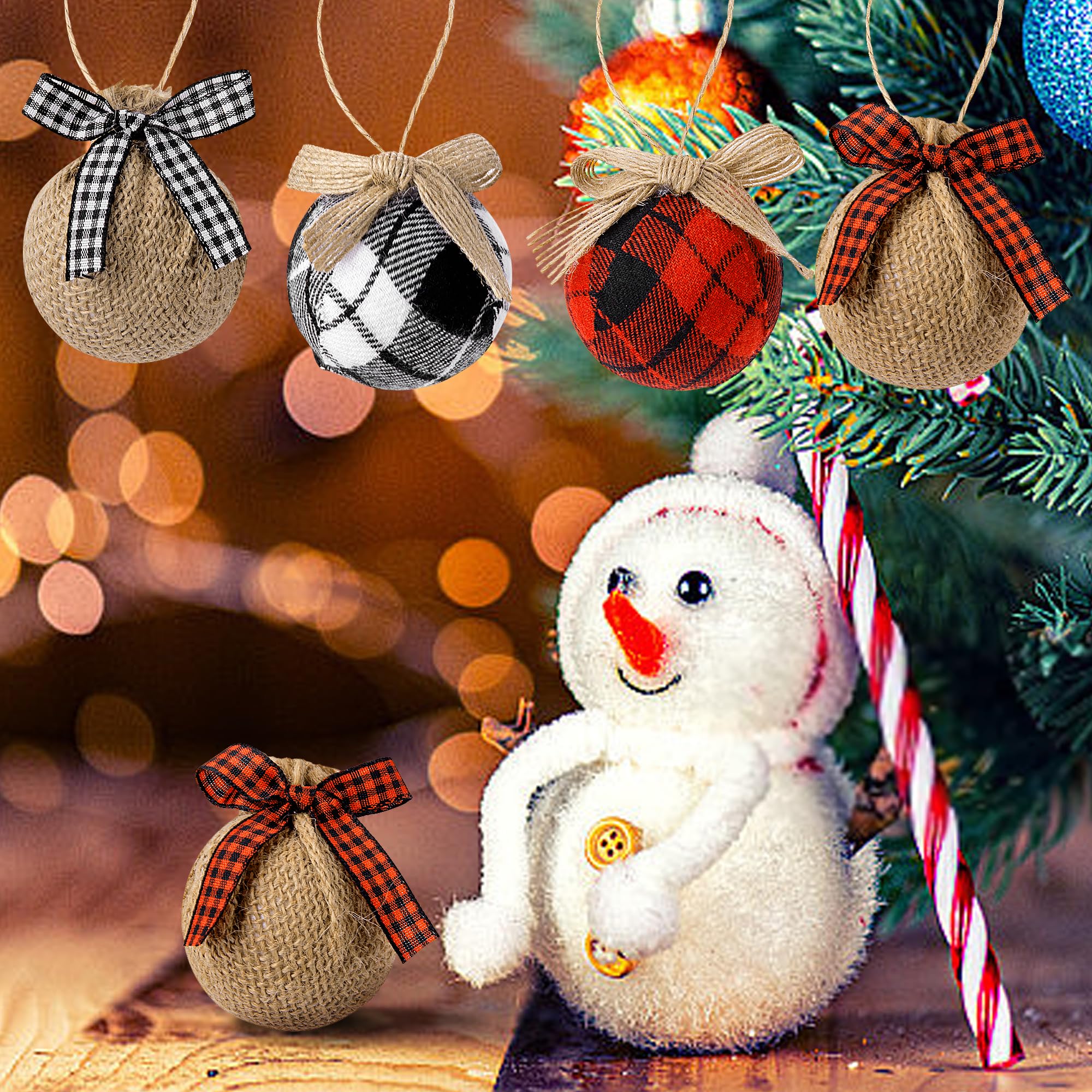 Deloky 16Pcs Buffalo Plaid Fabric Ball- 2.1 Inch Christmas Fabric Wrapped Balls Christmas Hanging Ornament for Christmas Tree Pa
