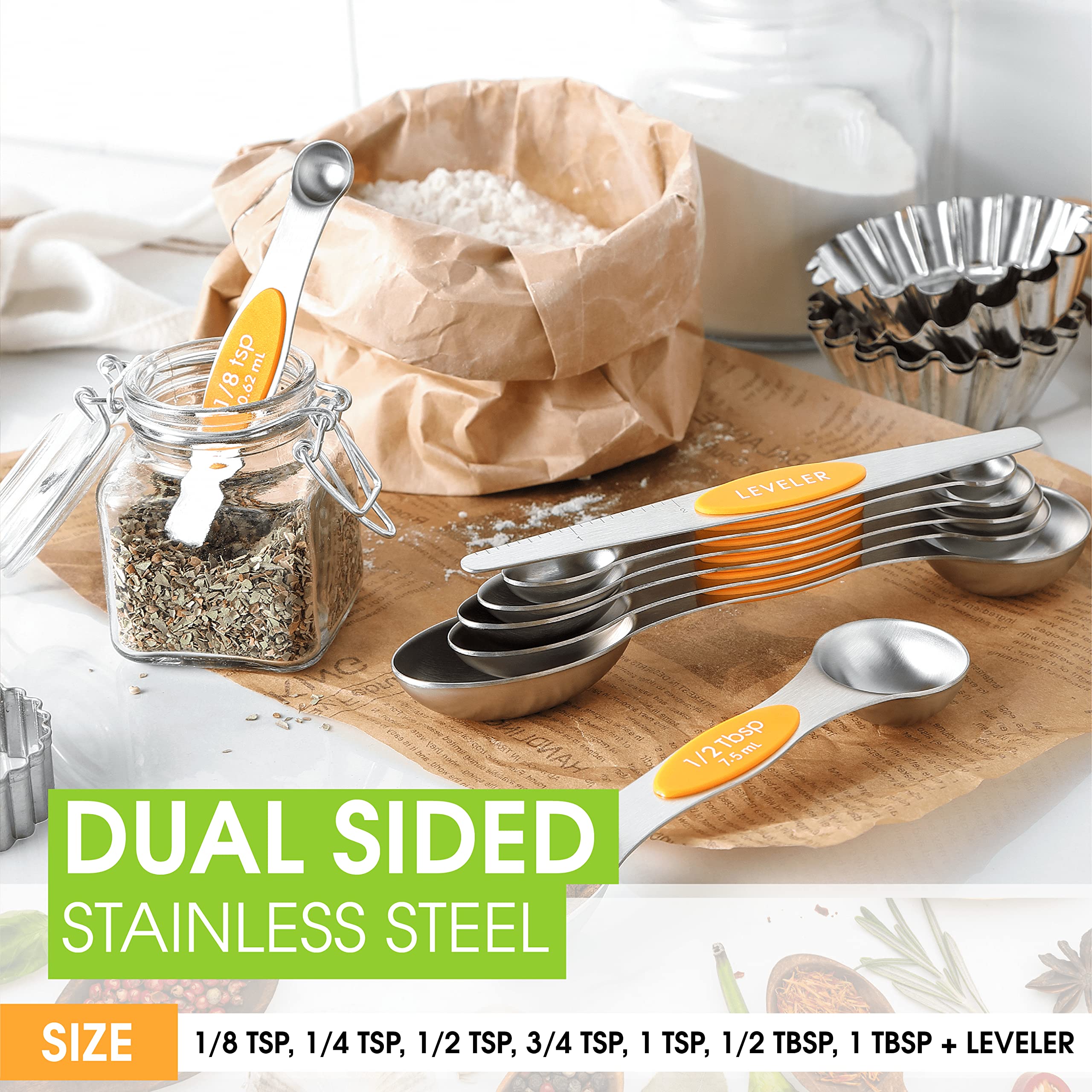 Spring Chef Stainless Steel Magnetic Measuring Spoons Set Of 8 With Leveler, Dual Sided Metal Teaspoon & Tablespoon Measuring Sp