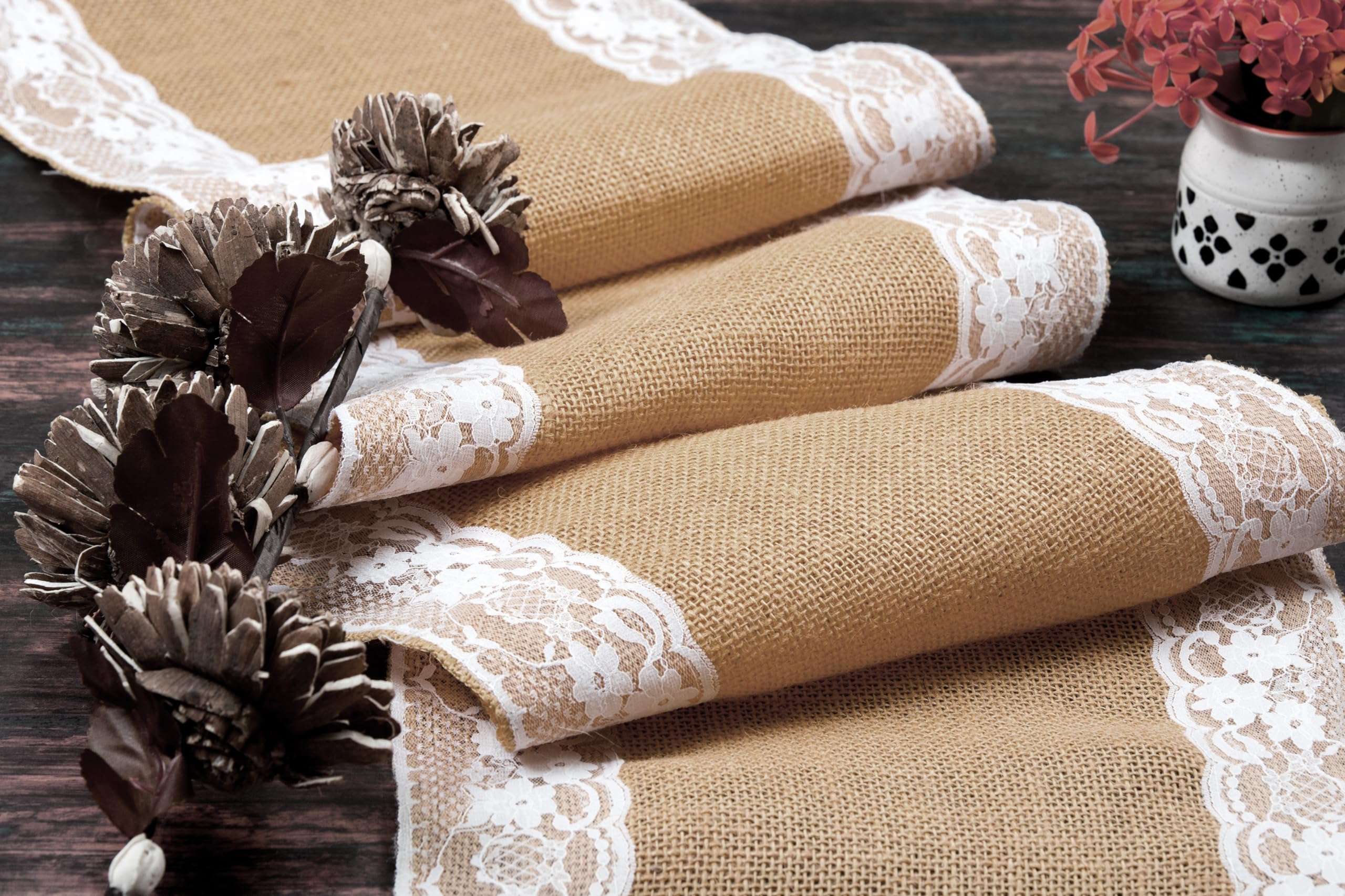 Mds Pack Of 25 Wedding 12 X 108 Inch Vintage Lace Burlap Table Runner, Rustic Farmhouse Jute Country Vintage Jute Burlap Roll Fo