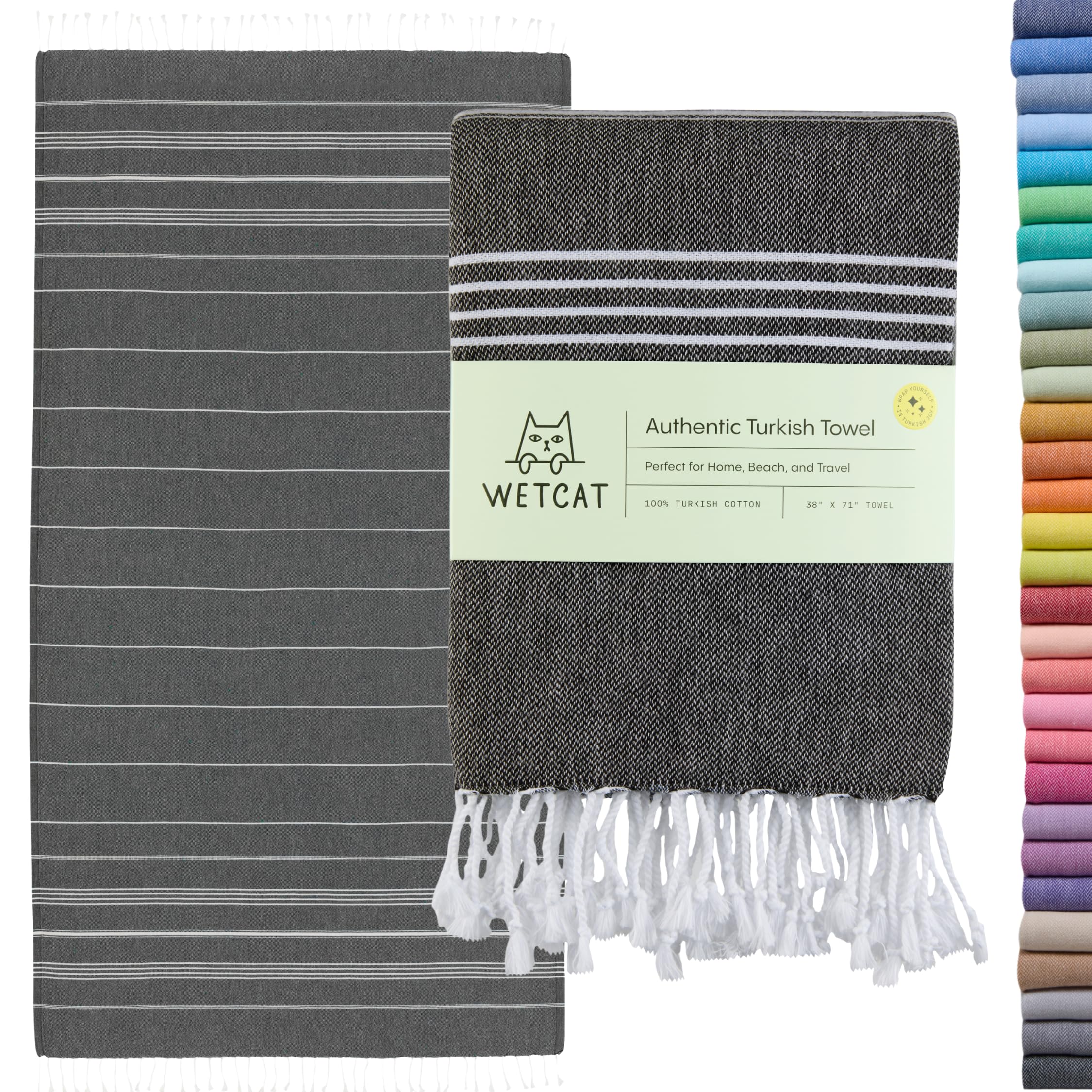 WETCAT Turkish Beach Towel Oversized 38x71 100% Cotton Sand Free Quick Dry Bath Towels Extra Large Turkish Towel Light Travel Towel for Adults Beach Gifts Beach Accessories - Black
