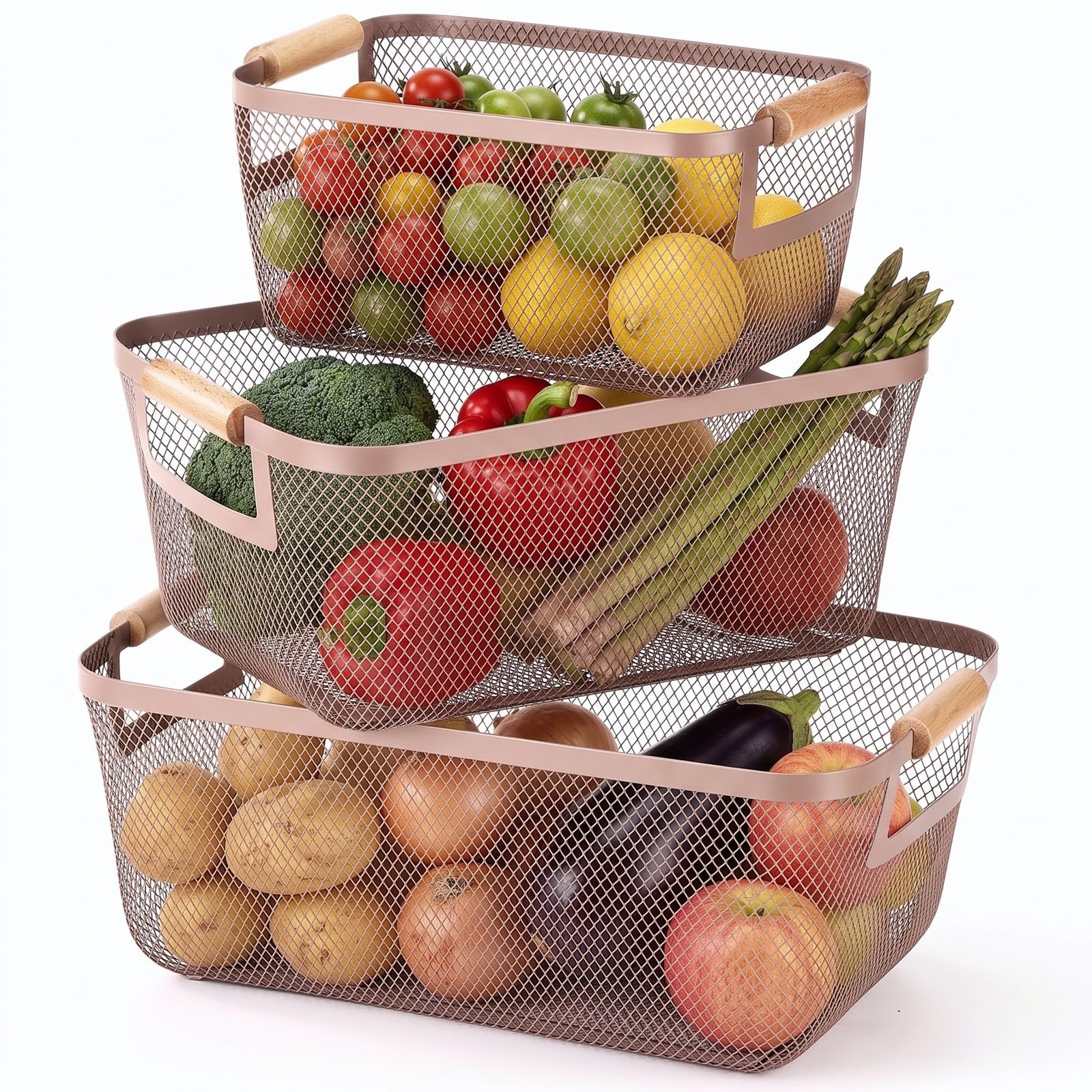Mumufy 3 Pcs Wire Metal Mesh Basket for Pantry Storage, Warm Tapue, 3 Sizes