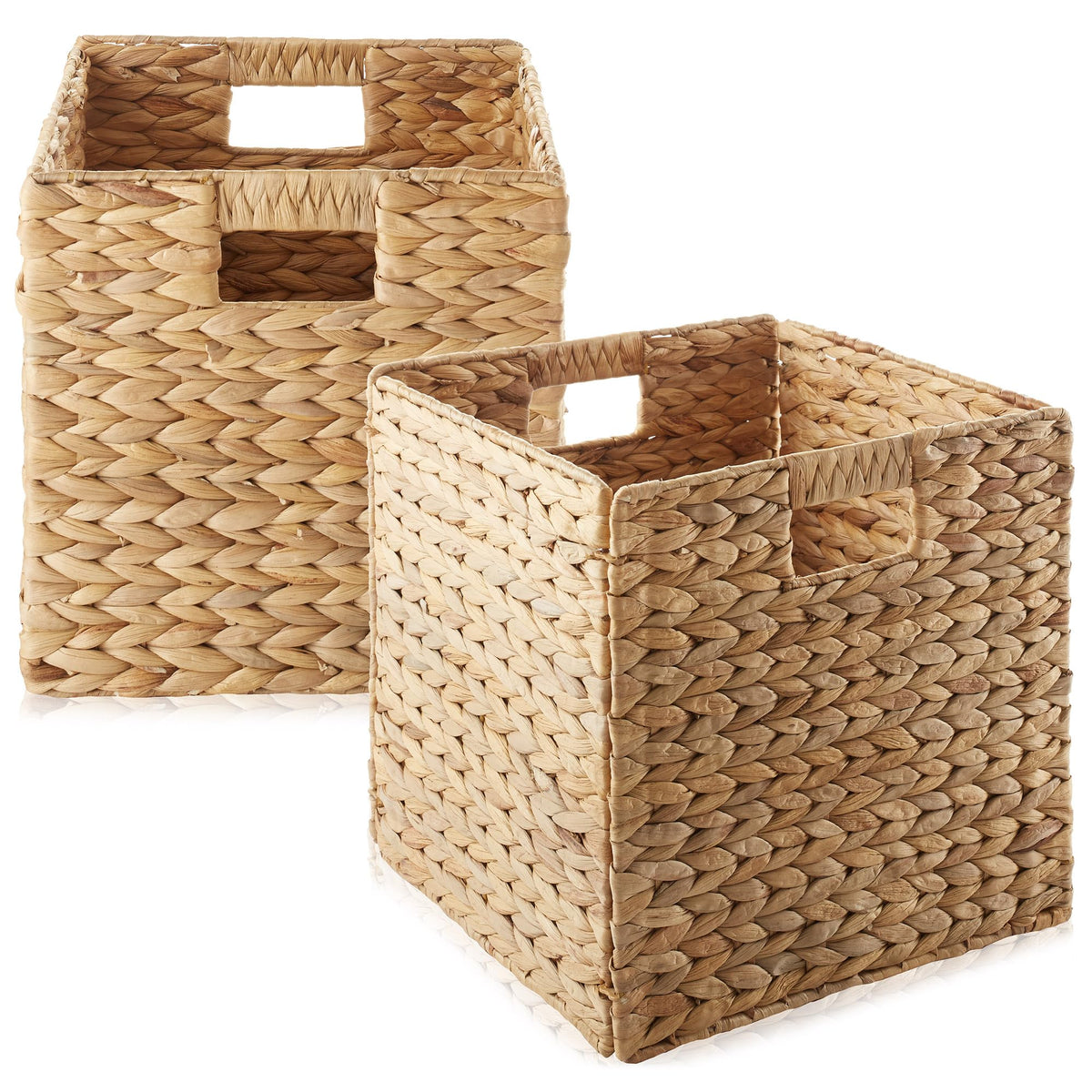 Casafield 12'' X 12'' Water Hyacinth Storage Baskets, Natural - Set Of 2 Collapsible Cube Organizers, Woven Bins For Bathroom, B