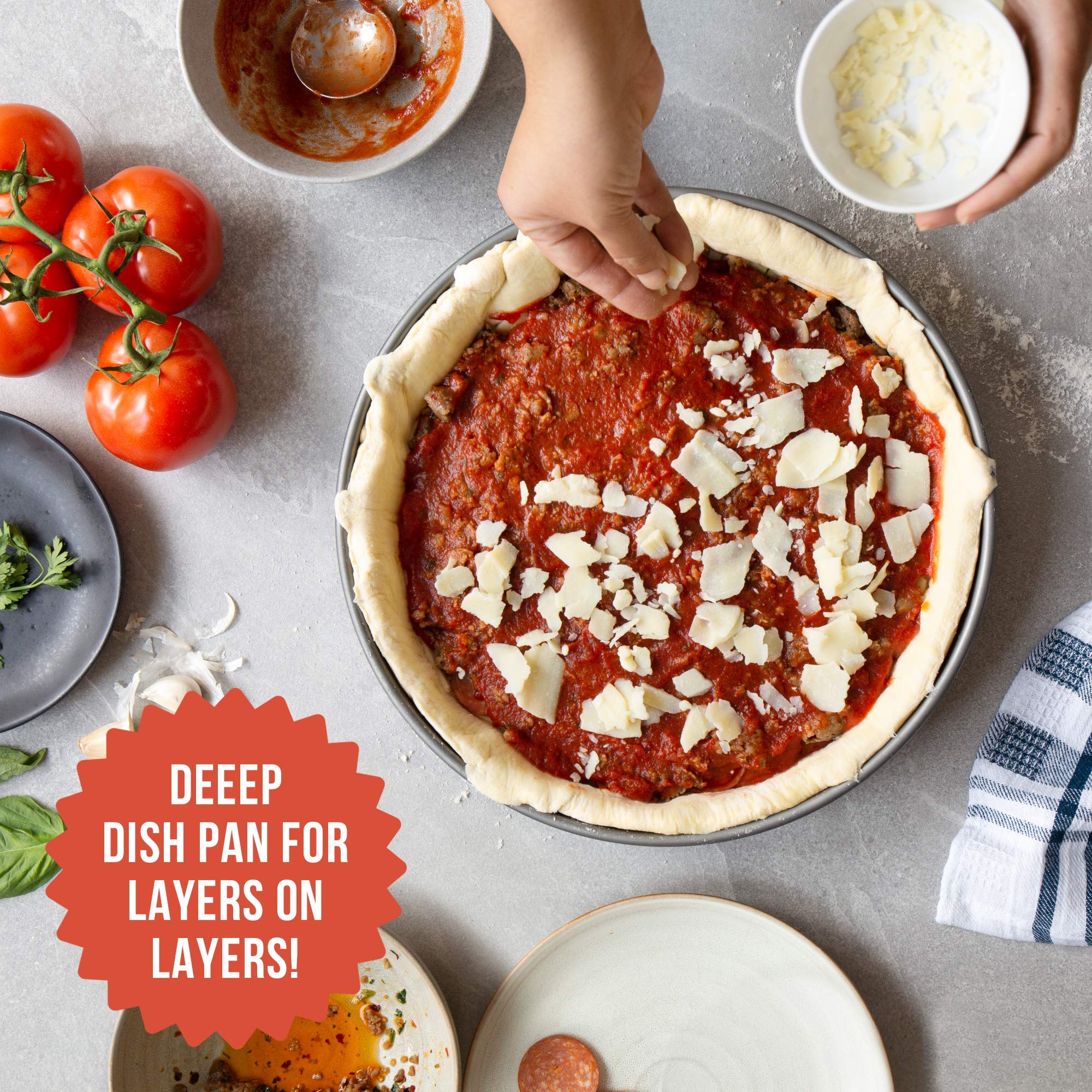 Chef Pomodoro Chicago Deep Dish Pizza Pan 12 Inch, Hard Anodized Aluminum Pizza Pan For Oven, Pre-Seasoned Bakeware Kitchenware,