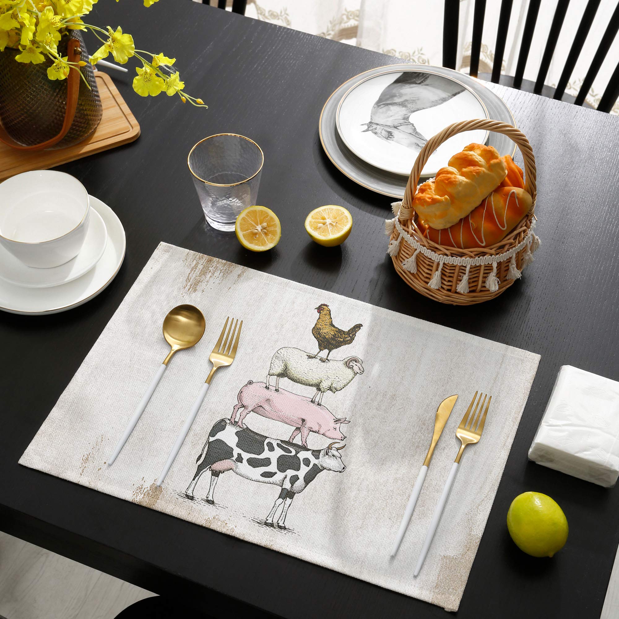 Greeeen Placemats Set Of 6 Farm Funny Animal Theme Milk Cow Pig Sheep Chicken Heat Resistant Place Mat For Dining Table Washable