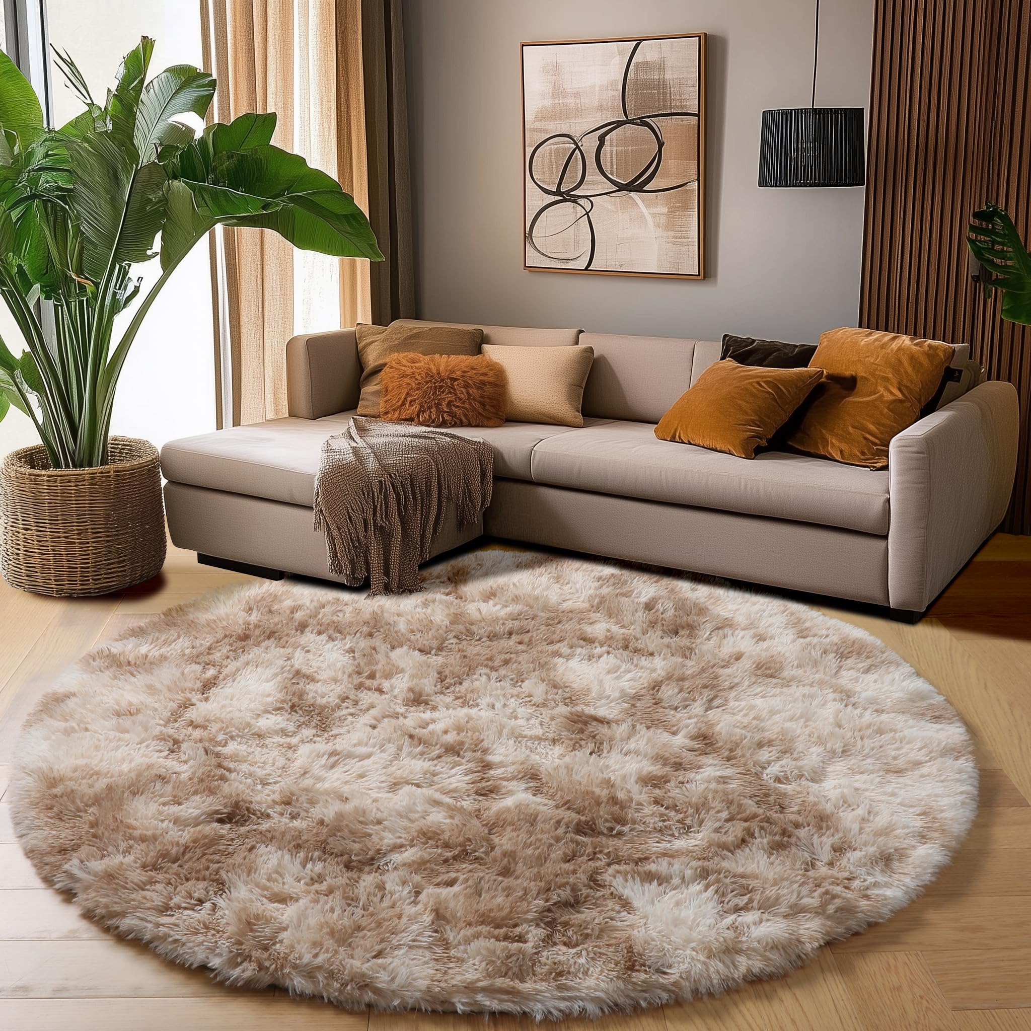 Amdrebio Tie-Dyed Beige Tan Round Area Rug 4Ft for Bedroom, Fluffy Plush Shag Furry Circle Rugs for Kids Room, Living Room Decor