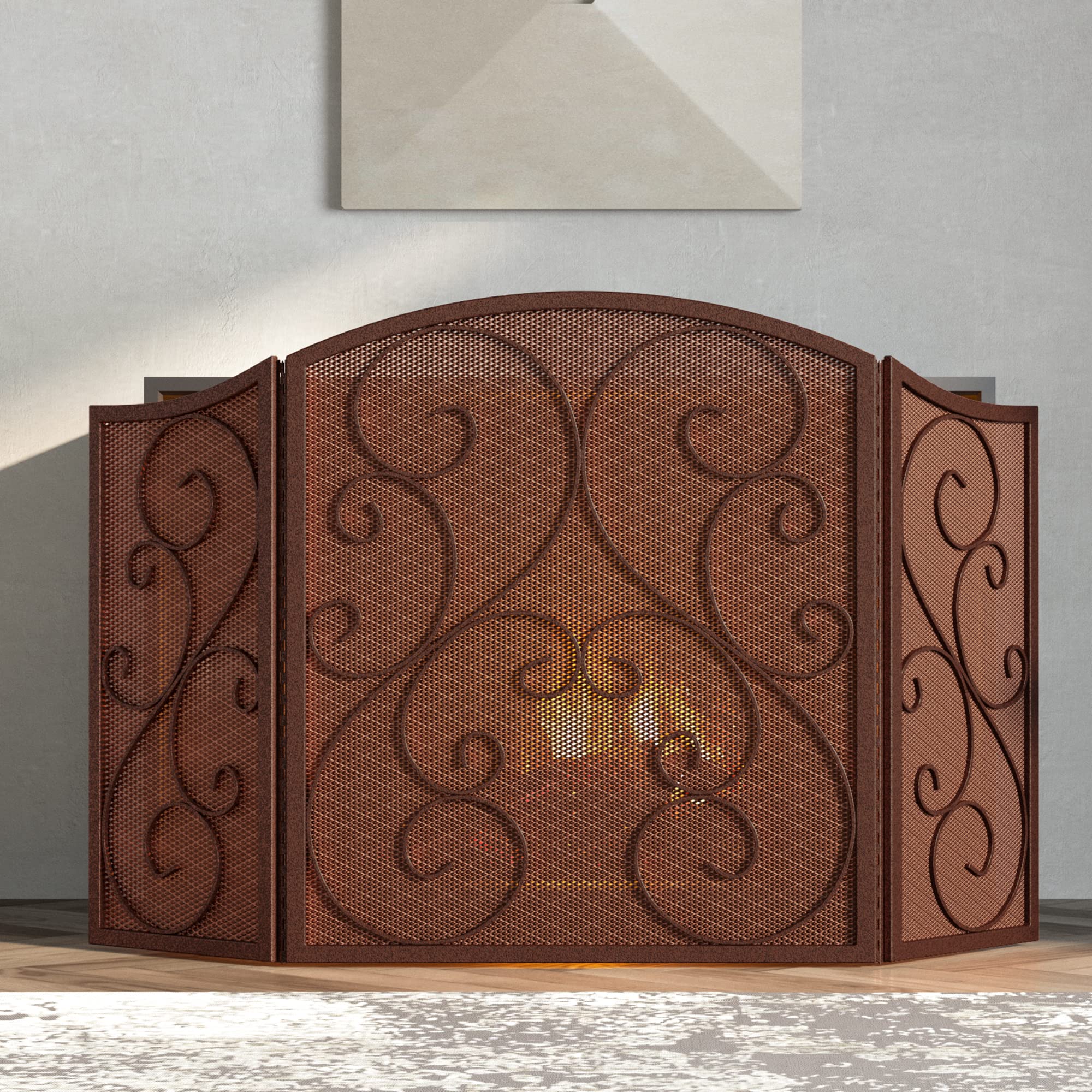 Fire Beauty Fireplace Screen 3 Panel Wrought Iron Metal 48 ''(L) x30(H) Spark Guard Cover(Antique Bronze)