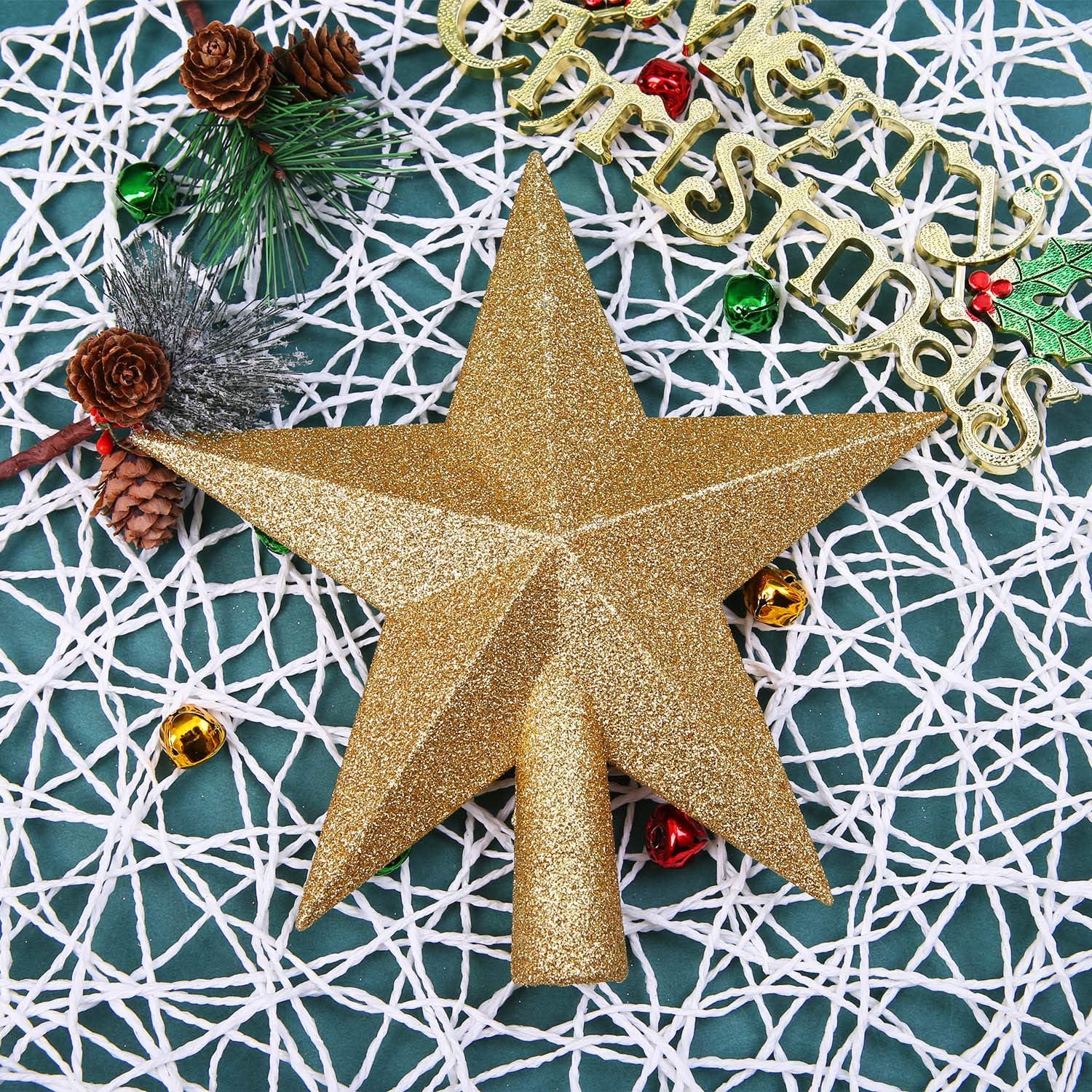 Aneco Gold Glitter Mini Christmas Tree Topper Shatter-Proof 10 Inch Large Christmas Tree Decoration Treetop for Holiday Ornament
