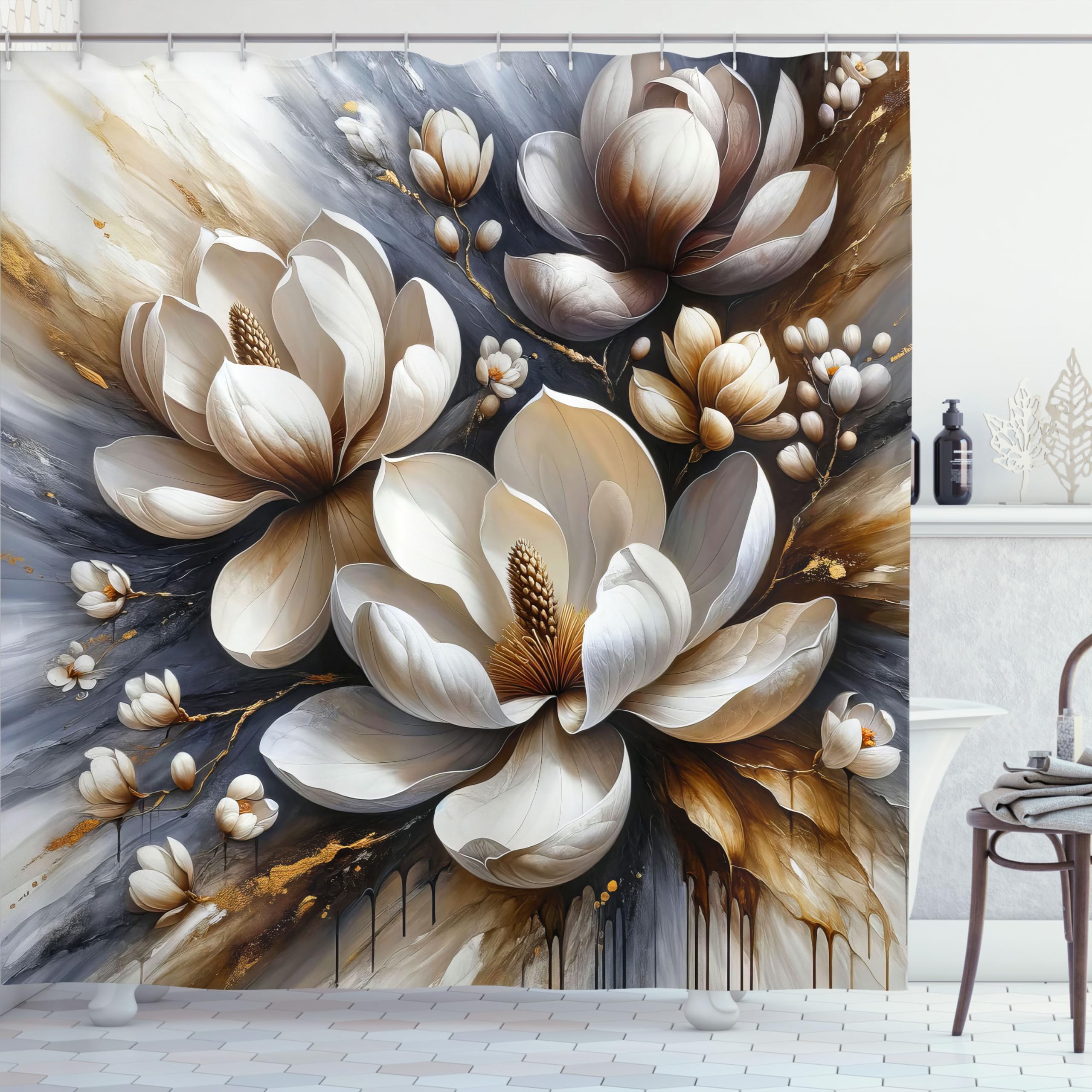 Ambesonne Brown Shower Curtain, Watercolor Design Floral Motif With Painting Style Magnolia Petals Grunge Back, Cloth Fabric Bat