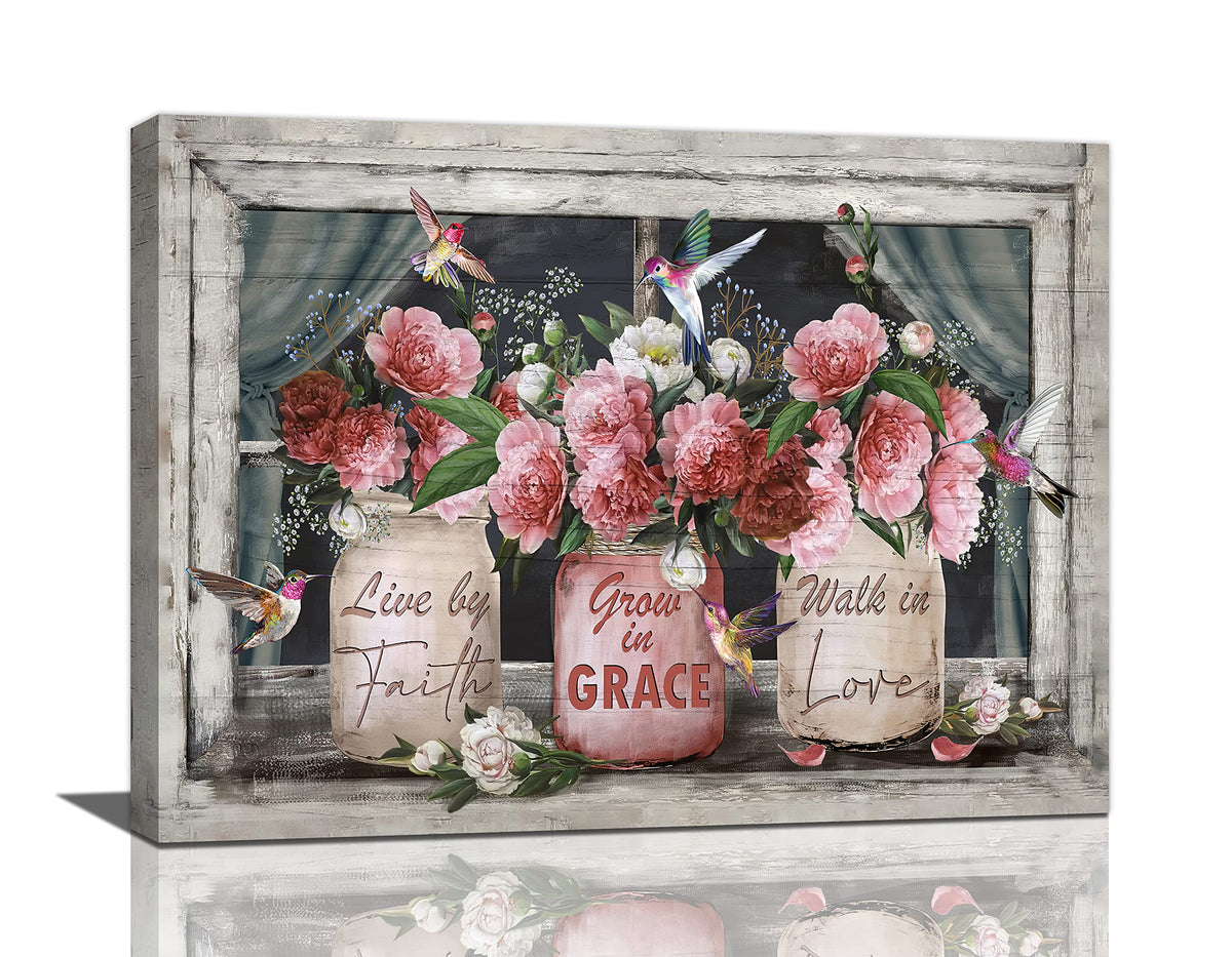 Farmhouse Canvas Wall Art Rusitc Pink Rose Wall Decor Flower Mason Jar Hummingbird Pictures Painting Prints Framed Decor Country