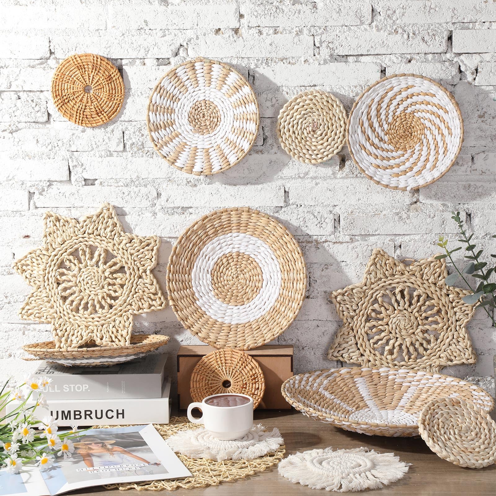 Anglechic 15 Pcs Boho Wall Basket Decor Woven Rattan Seagrass Wall Decor Hanging Rustic Farmhouse Western Wall Art Decoration Fo