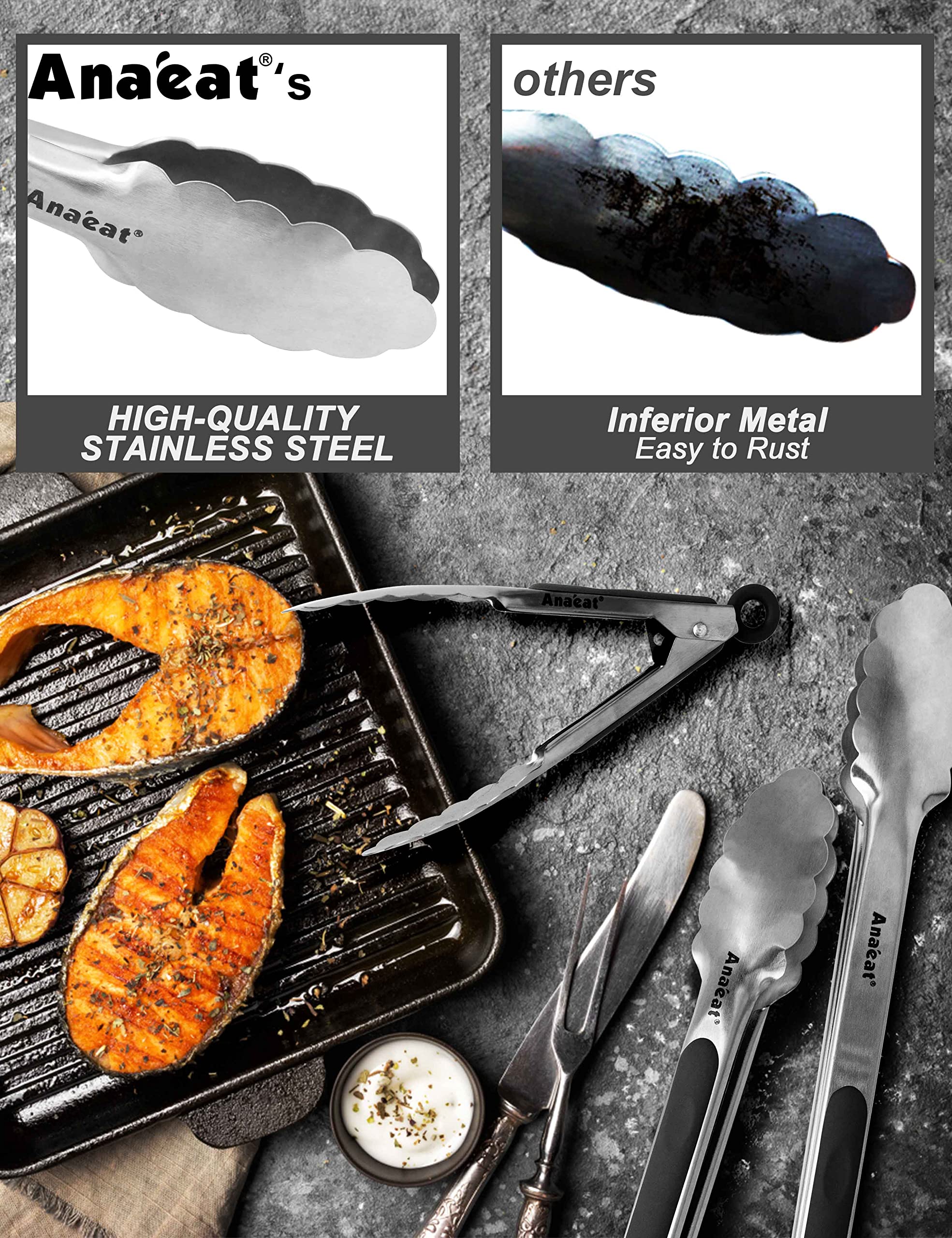 Anaeat 7'' Mini Cooking Tong Stainless Steel - Sturdy Coiled Spring Locking Kitchen Food Tong With Non-Slip Silicone Grip For Se