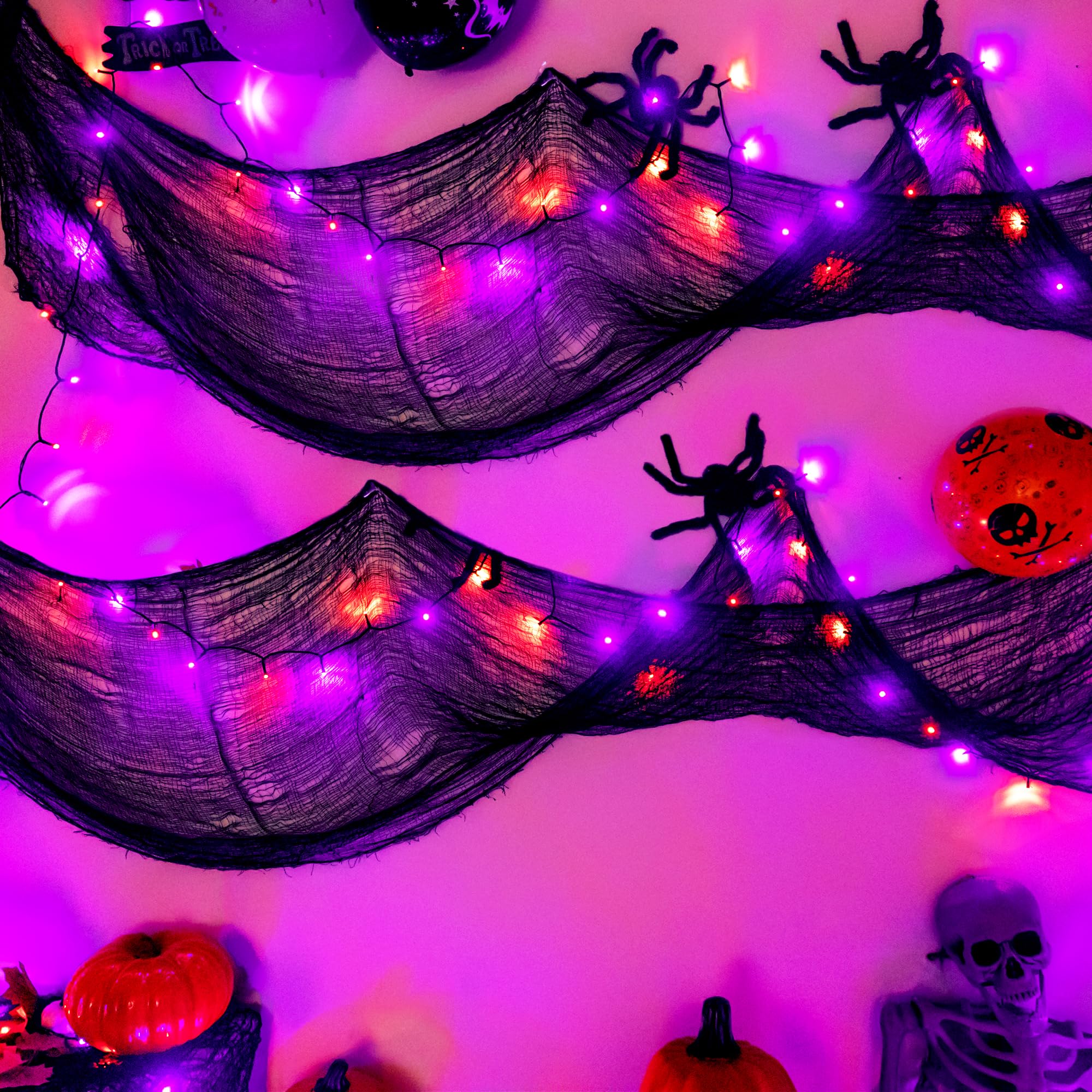 Ollny Halloween Lights with Creepy Cloth, 50LED 16FT Waterproof Orange and Purple String Lights with 8 Lighting Modes Timer, Bat