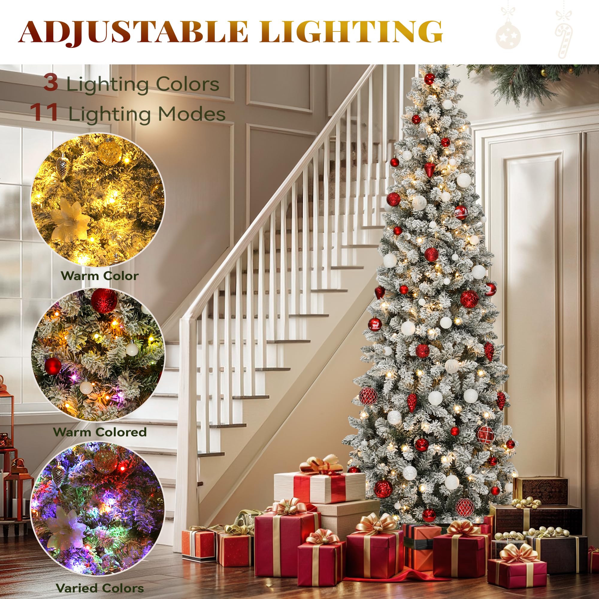 YITAHOME Pre-lit Snow Flocked Pencil Christmas Tree 7.5ft with Remote, Kingswood Fir, Hinged Artificial Slim Corner Xmas Tree fo