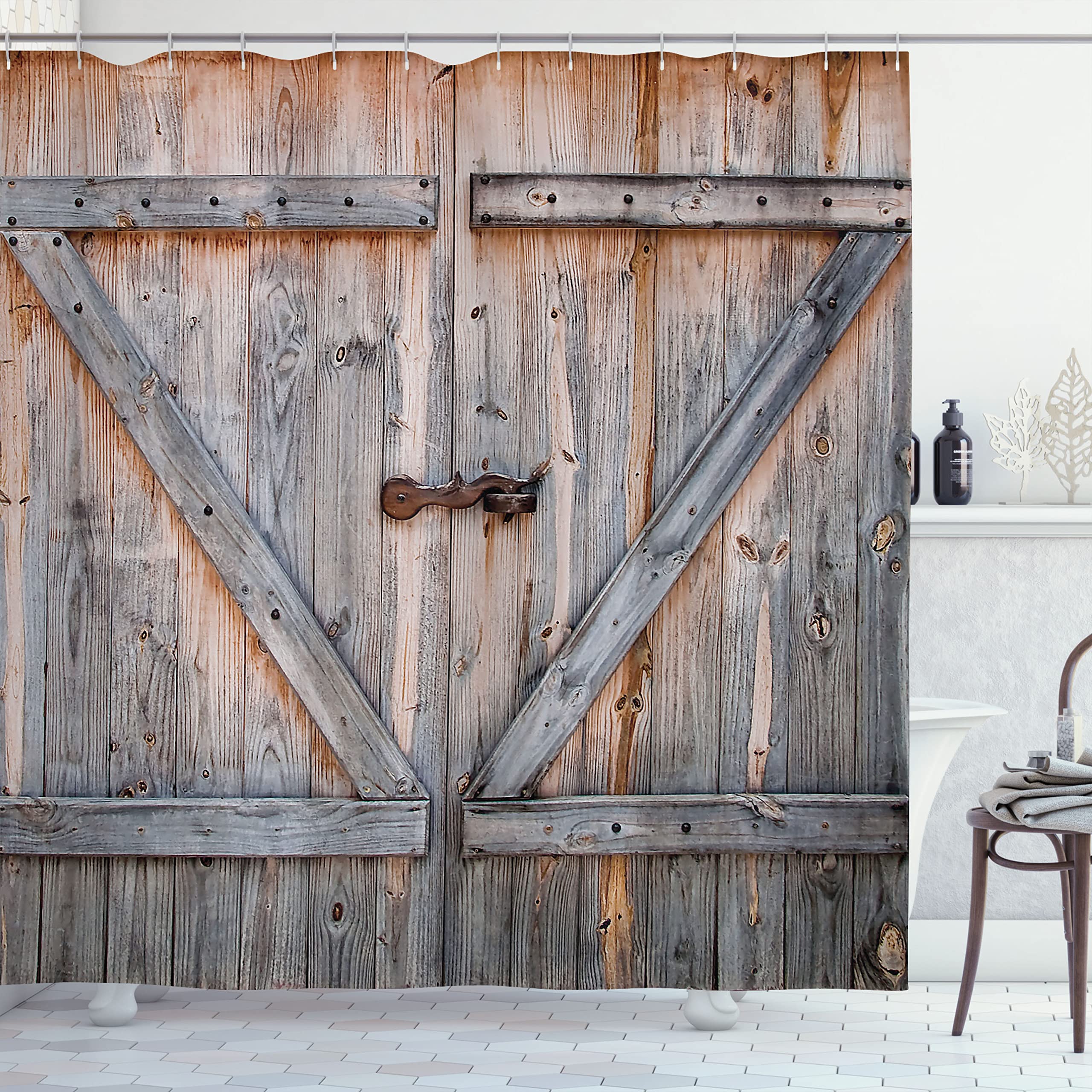 Ambesonne Rustic Shower Curtain, Old Wooden Garage Door American Native Country Farm Style Art Image, Cloth Fabric Bathroom Deco