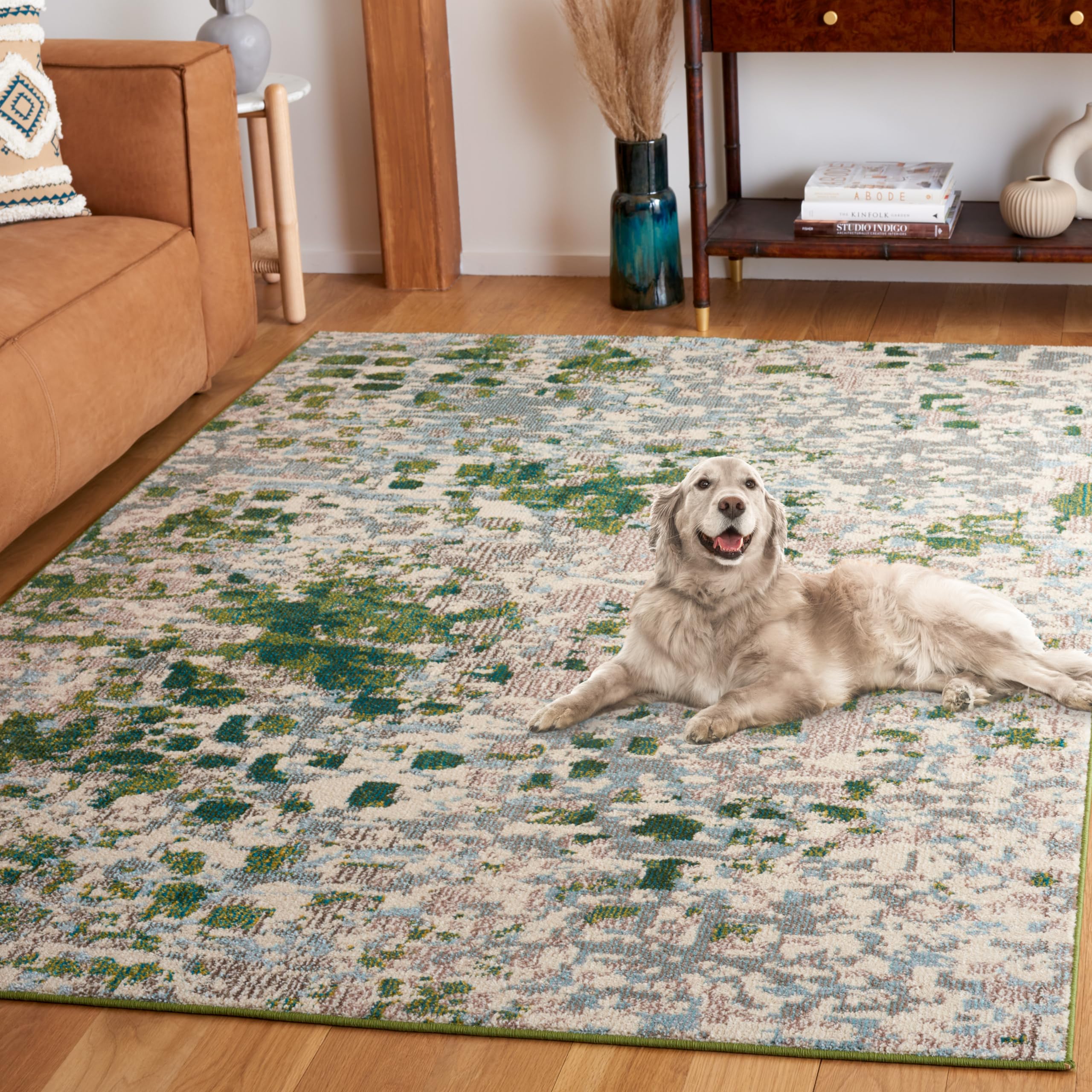 SAFAVIEH Monaco Collection Area Rug - 8 x 10, Green & Blue, Contemporary Design, Slip Resistant & Stain Resistant, Ideal for H