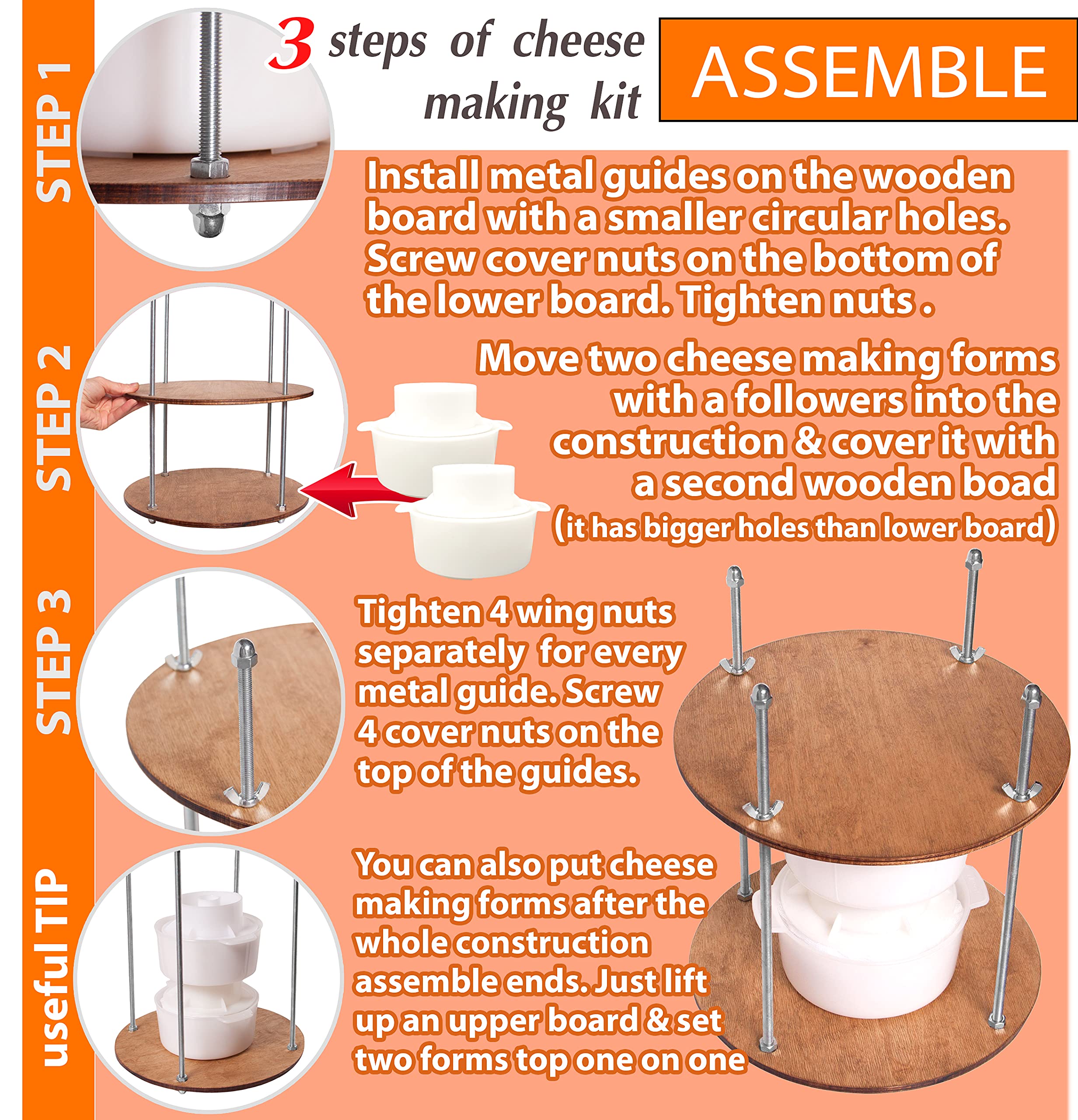 Petristor Wooden Cheese Press For Cheese Making Supplies Diameter 11 In Metal Guides Walnut And 2 Cheese Mold With Follower Pist