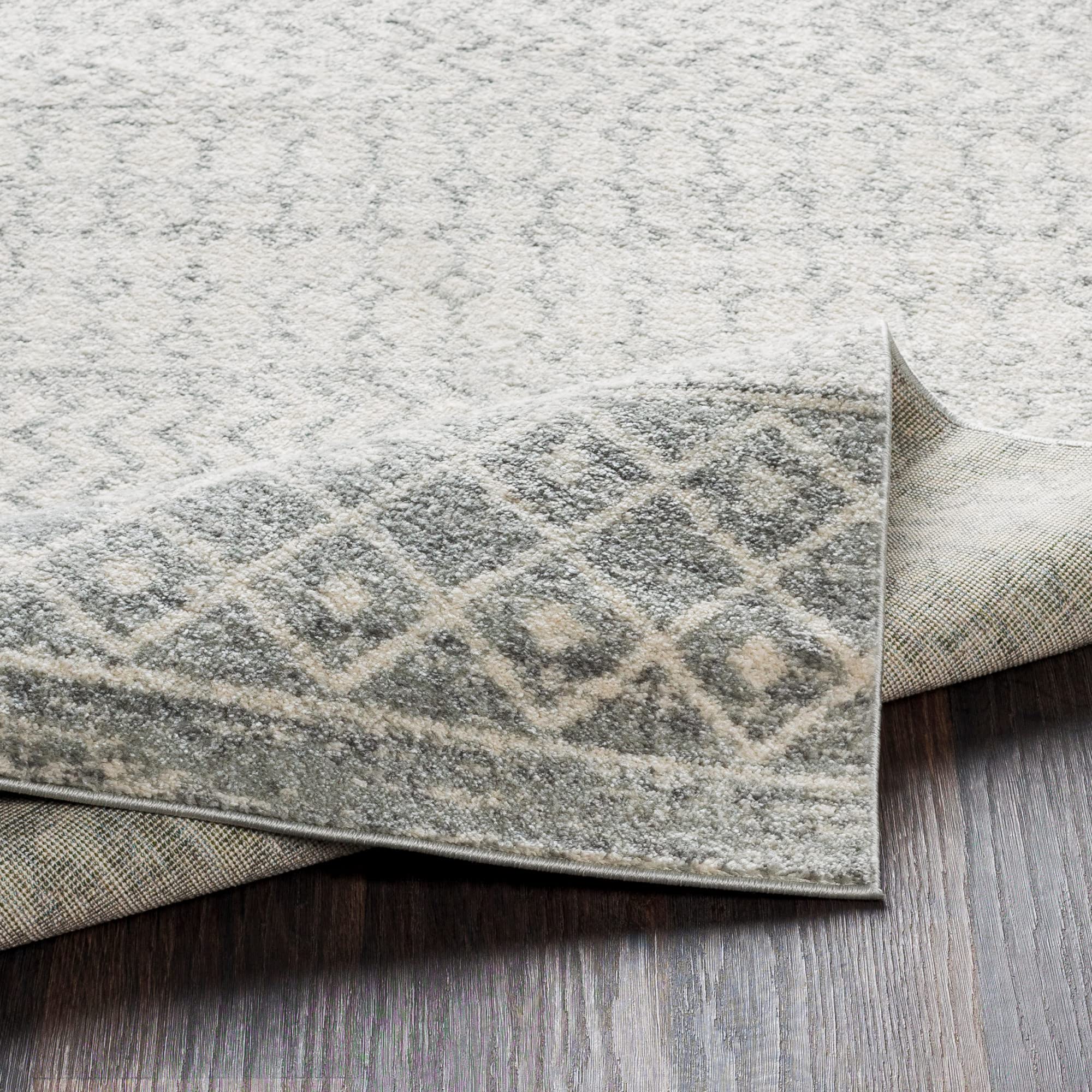Livabliss Area Rugs - 5ft Round Chester Boho Moroccan Gray Rug for Living Room Bedroom - Grey White Geometric Stain Resistant Ca
