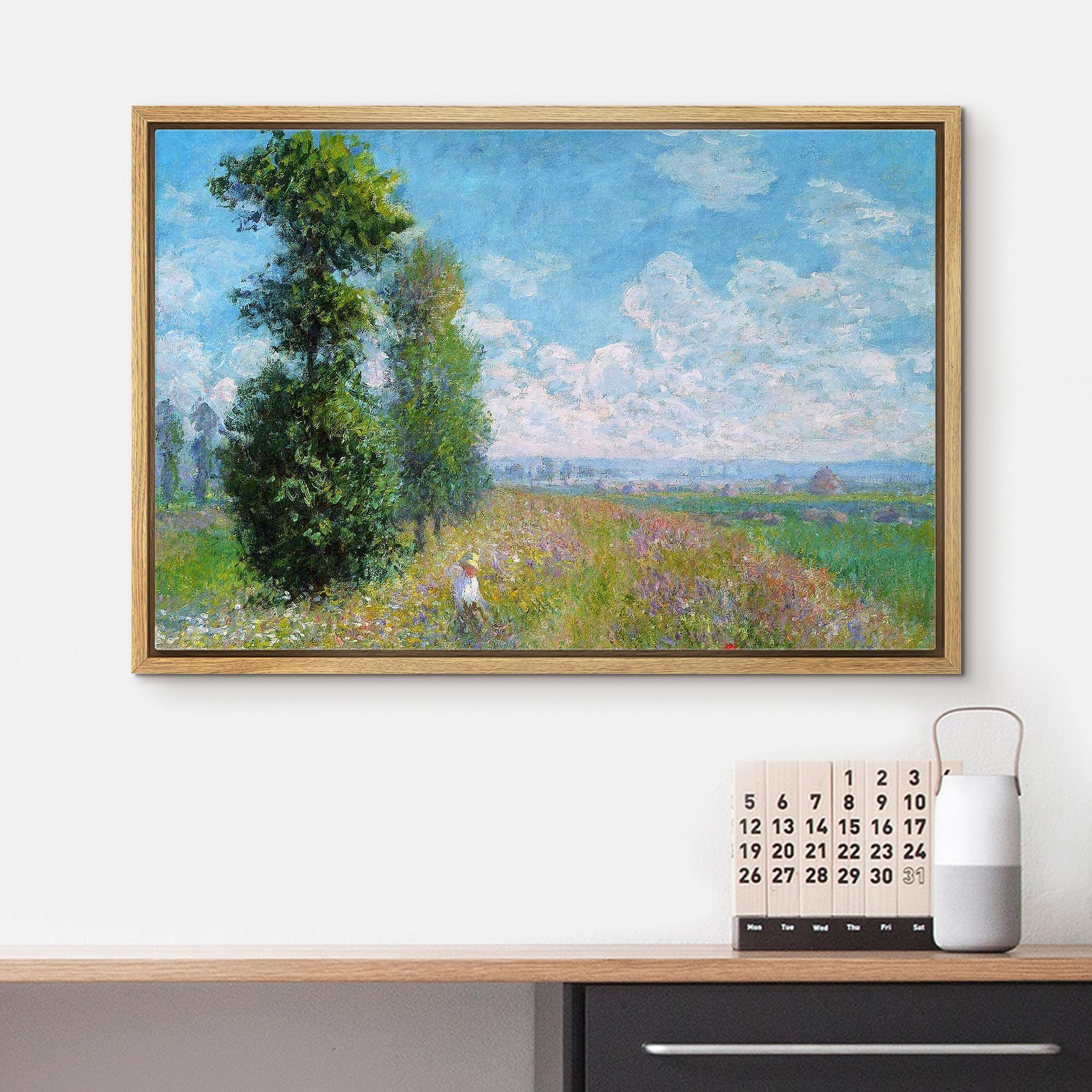 Wall26 Meadow With Poplars By Claude Monet - Impressionist Modern Art - Framed Canvas Art Home Art - 16''X24'' Natural