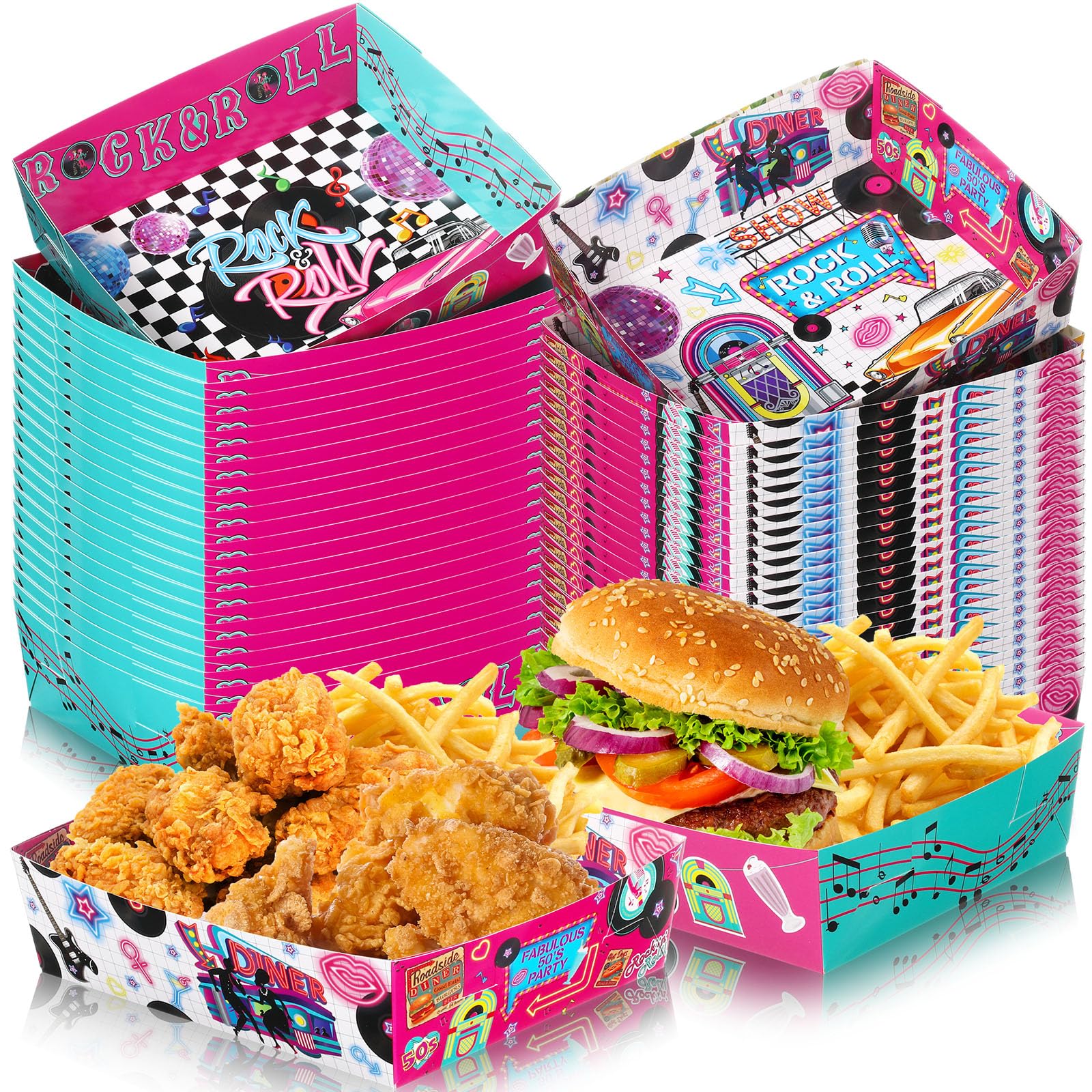Layhit 48 Pcs 1950s Party Supplies 5 lb Food Boats Large Paper Serving Trays Burger Fries Hot Dog Taco BBQ Popcorn for Rocking M
