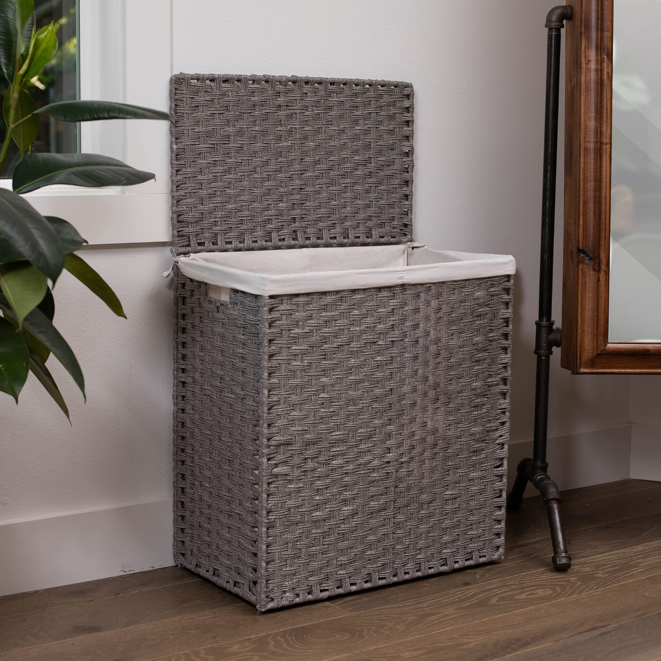 Double Laundry Hamper With Lid | Hand Woven Double Sorter With Liner Bags | Large Collapsible Hampers | Synthetic Pe Rattan Clot
